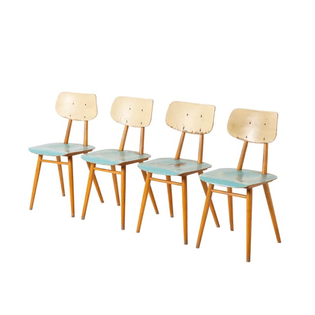 Set of four dining chairs, blue plywood, brown beech, TON, Czechoslovakia, 1960s. - DIMENSION