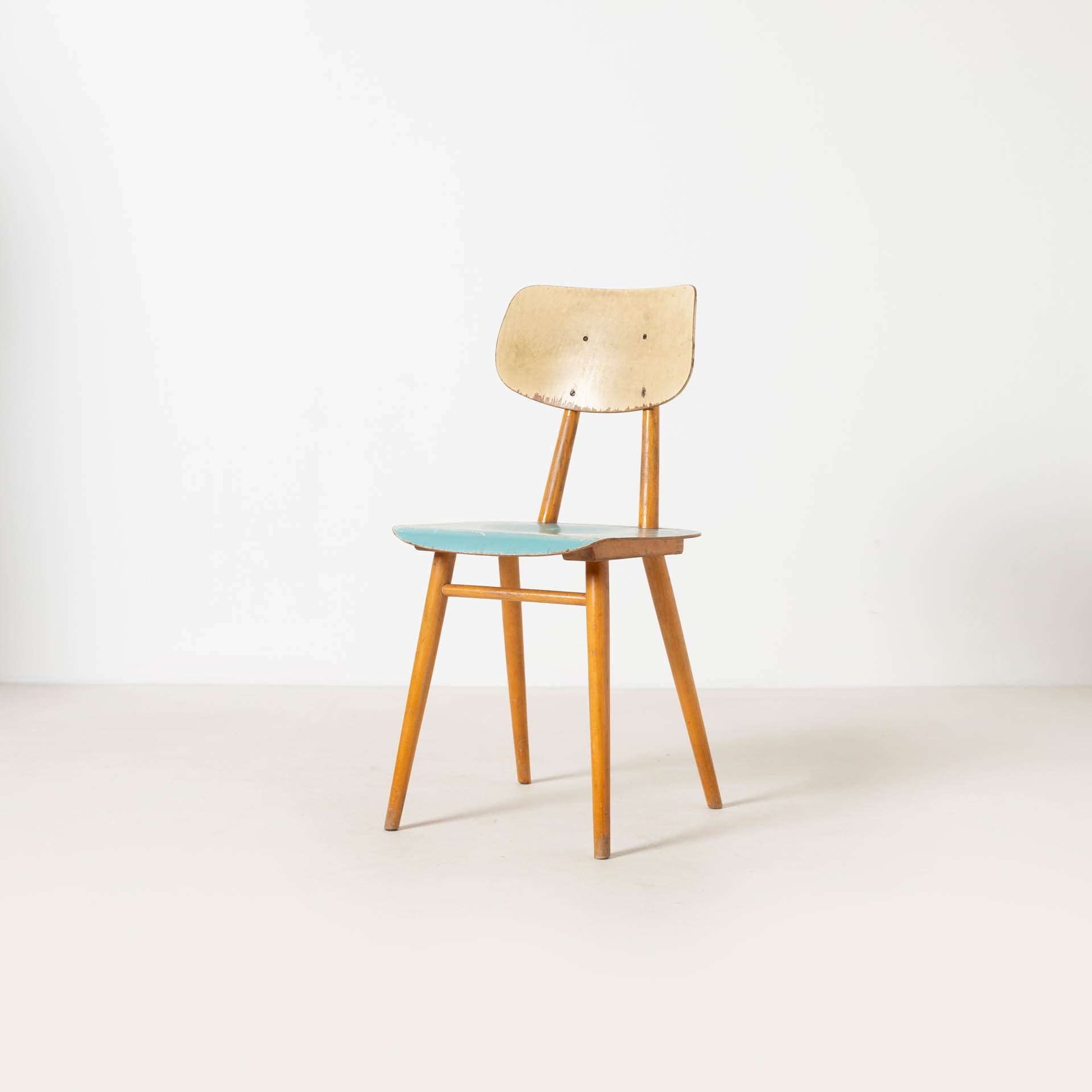 Set of four dining chairs, blue plywood, brown beech, TON, Czechoslovakia, 1960s. - 300313