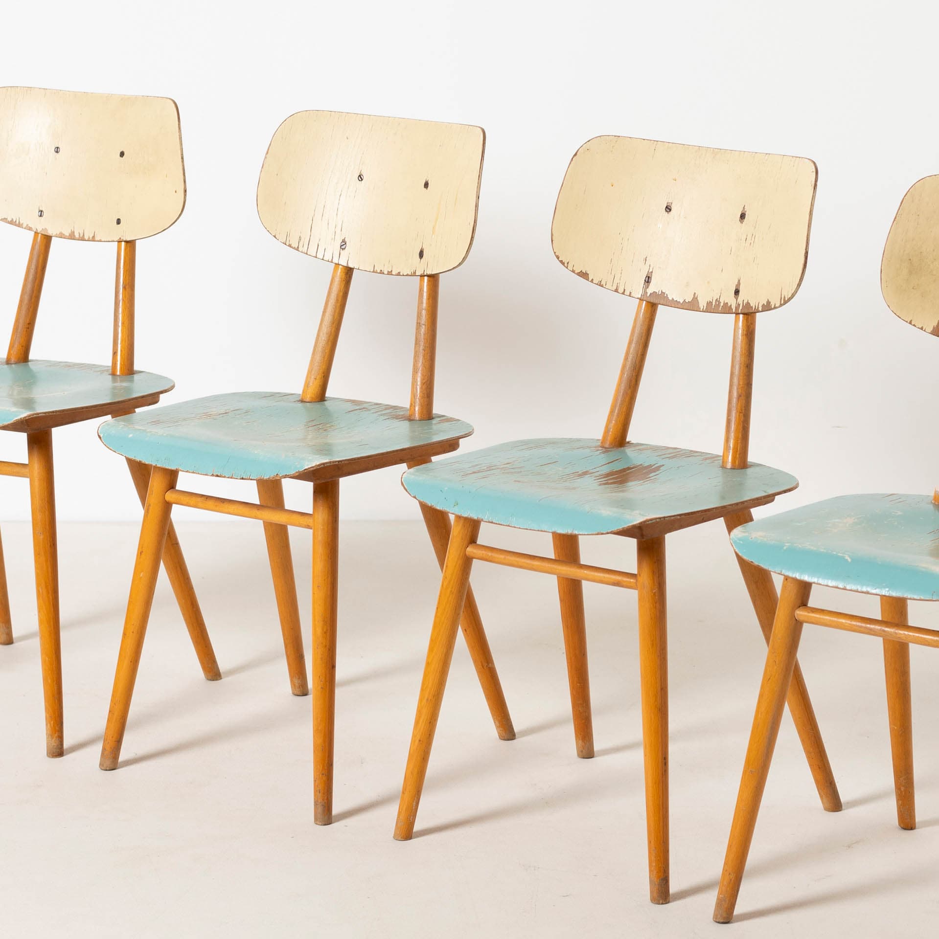 Set of four dining chairs, blue plywood, brown beech, TON, Czechoslovakia, 1960s. - 300310