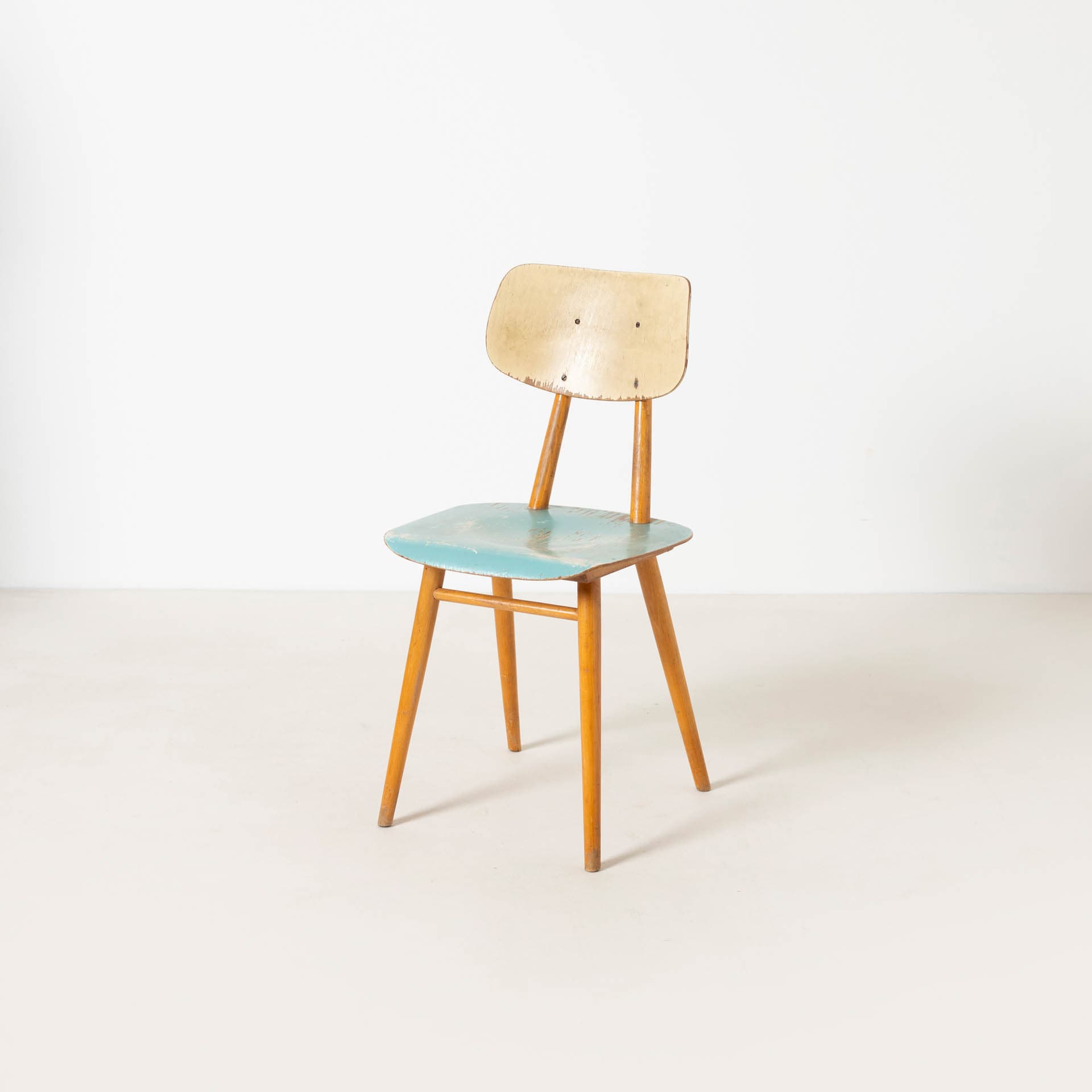 Set of four dining chairs, blue plywood, brown beech, TON, Czechoslovakia, 1960s. - 300314