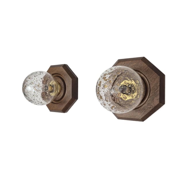 Pair of hexagonal wall sconces, brown wood, transparent glass, gold brass, Temde Leuchten, 1970s. - DIMENSION