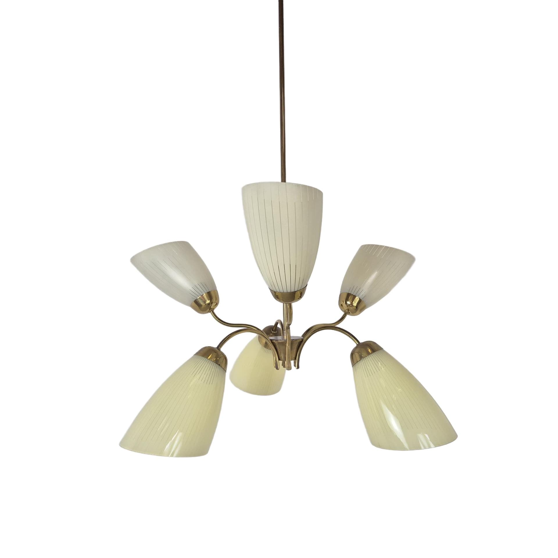 Chandelier Art Deco, cream glass gold brass, Germany, 1950s.