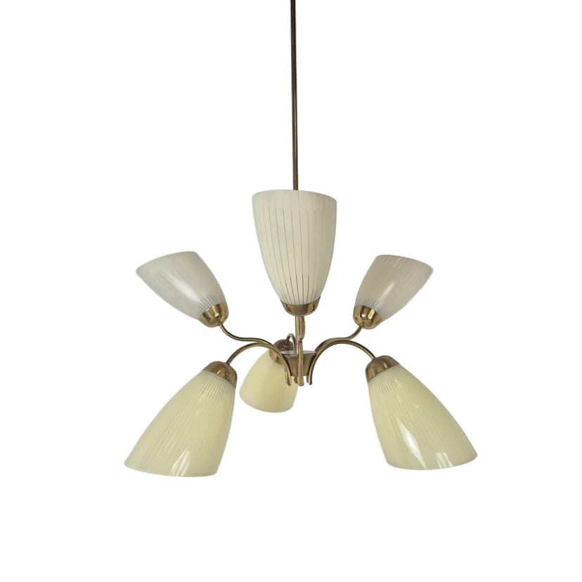 Chandelier Art Deco, cream glass gold brass, Germany, 1950s.