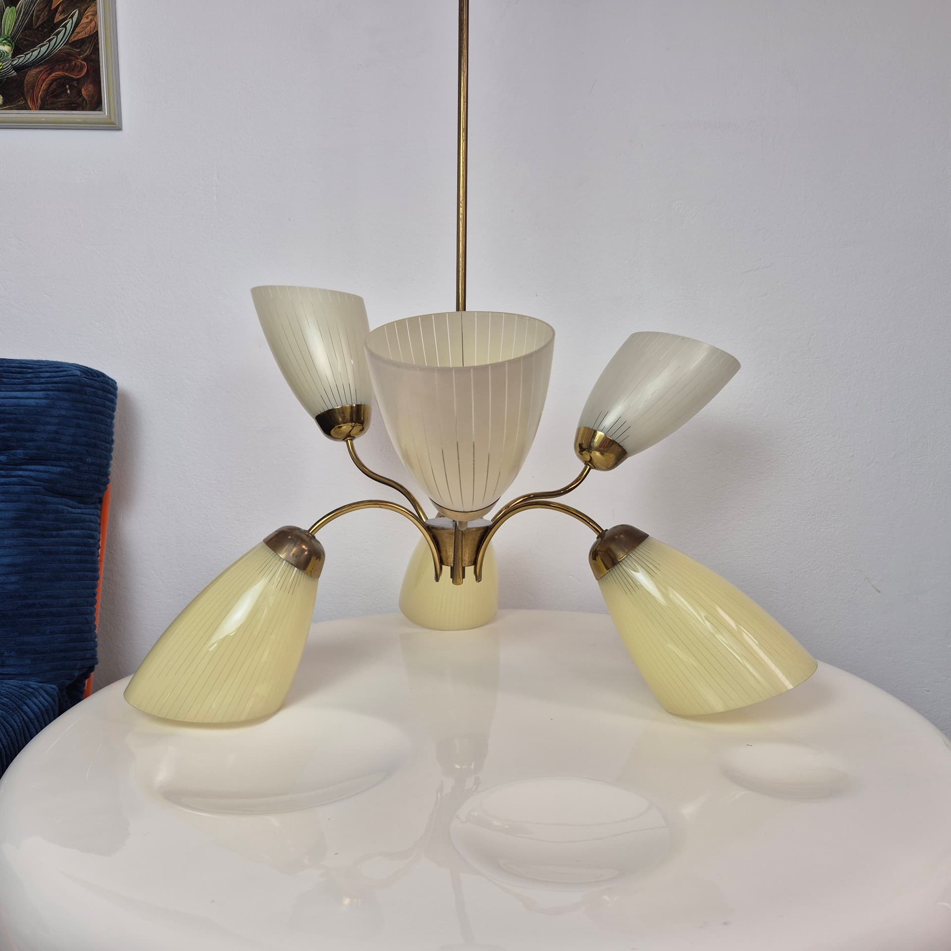 Chandelier Art Deco, cream glass gold brass, Germany, 1950s. - 300388