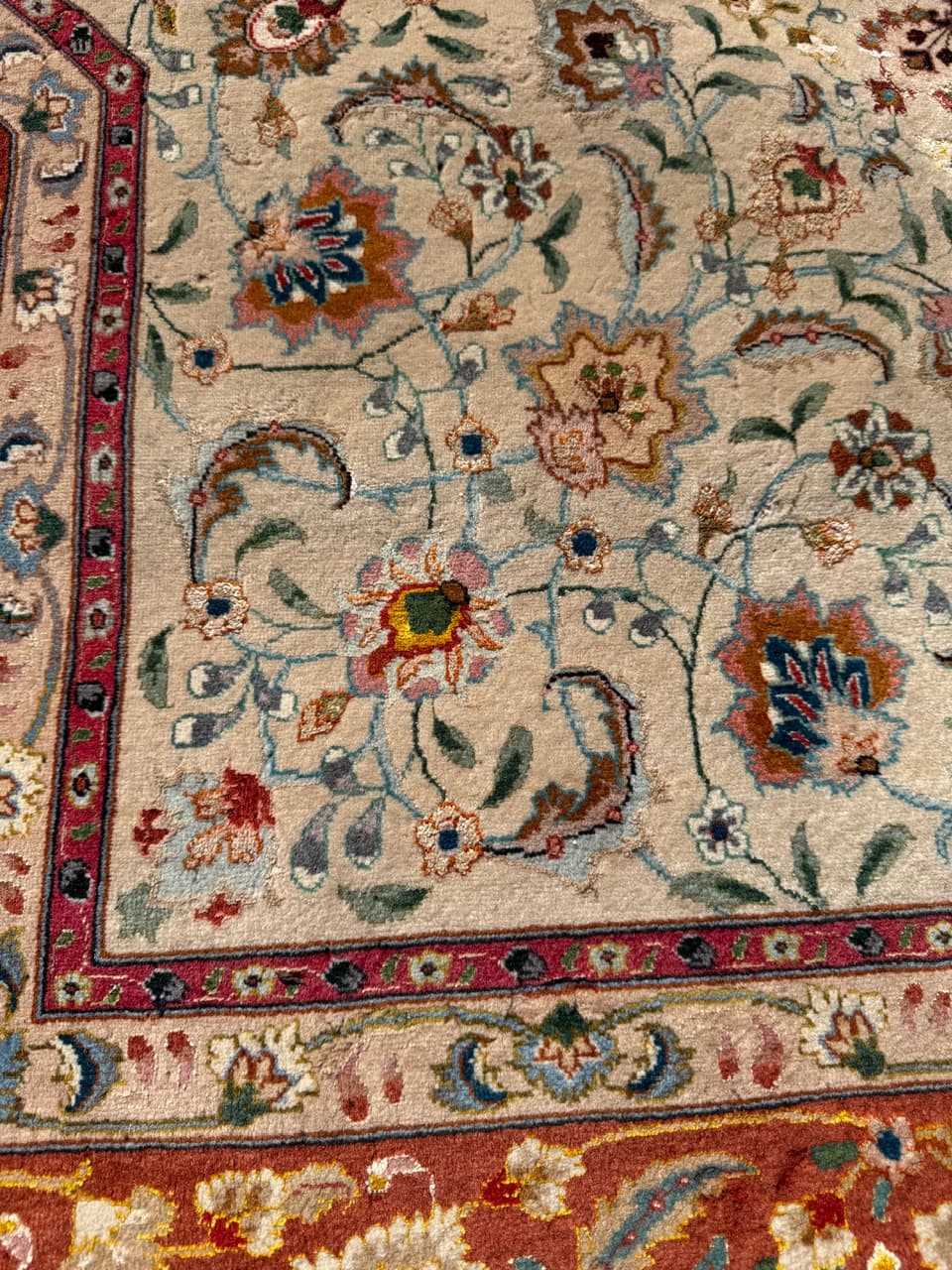 Dywan perski Tabriz, 260x250 cm, beżowy złoty czerwony niebieski zielony, wełna kaszmirowa jedwab, Iran - 300408