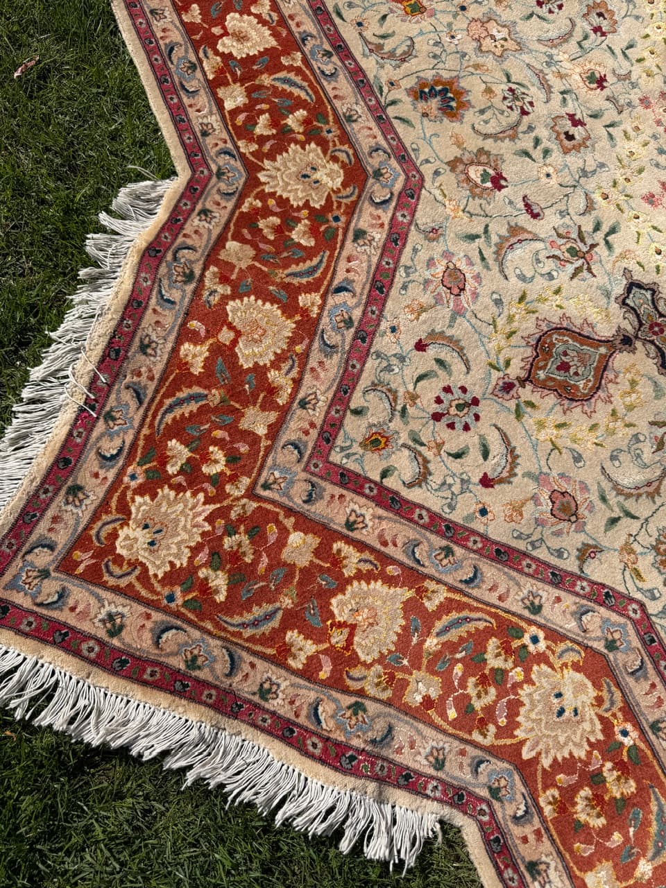 Dywan perski Tabriz, 260x250 cm, beżowy złoty czerwony niebieski zielony, wełna kaszmirowa jedwab, Iran - 300409