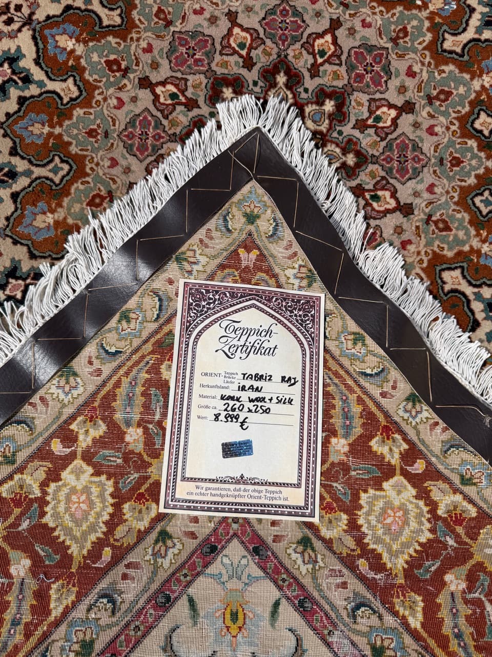 Dywan perski Tabriz, 260x250 cm, beżowy złoty czerwony niebieski zielony, wełna kaszmirowa jedwab, Iran - 300412