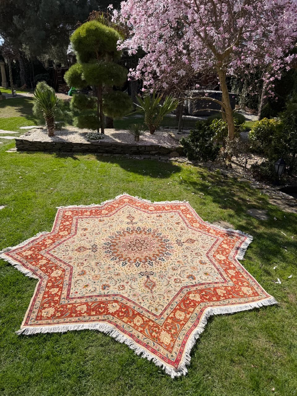 Dywan perski Tabriz, 260x250 cm, beżowy złoty czerwony niebieski zielony, wełna kaszmirowa jedwab, Iran - 300405