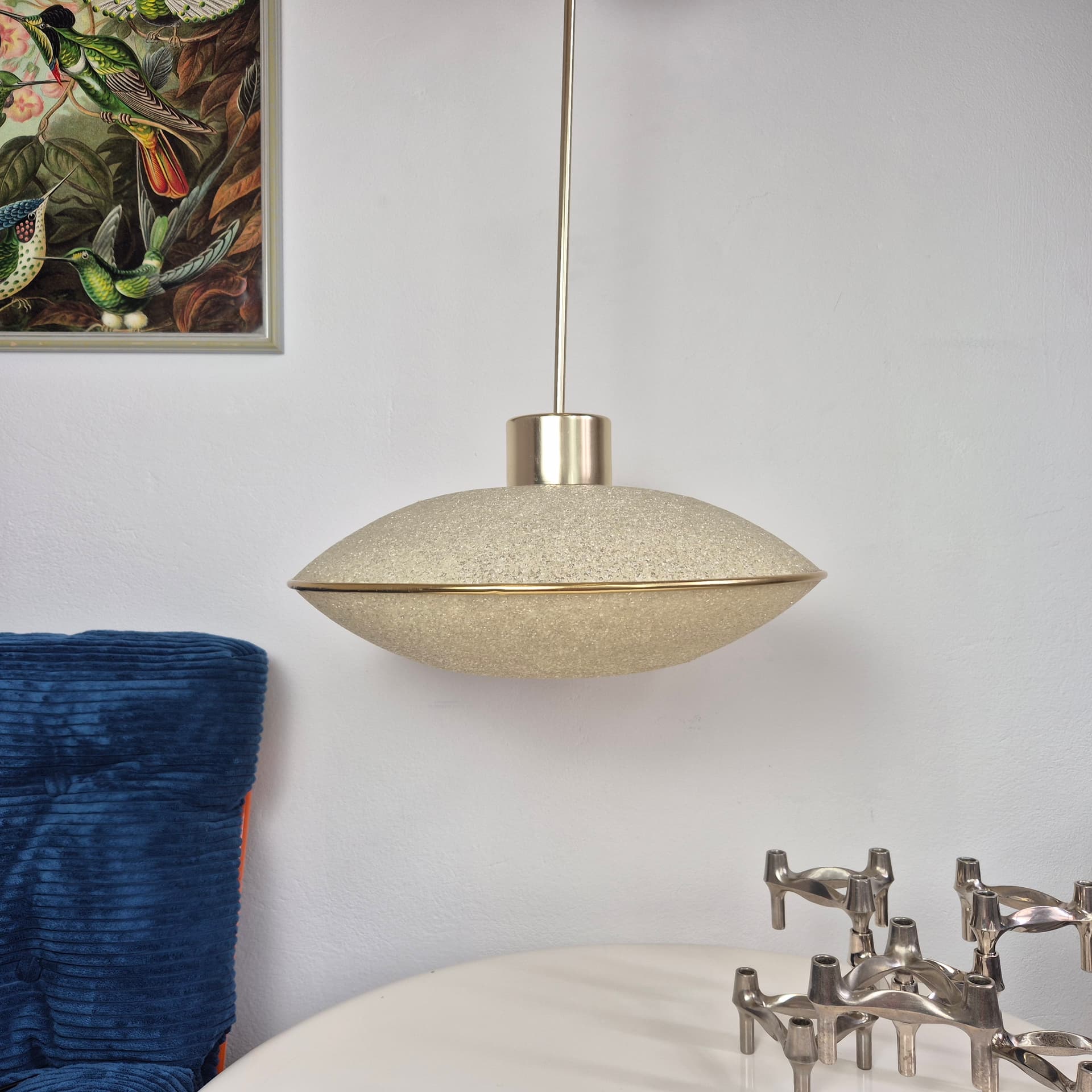 Pendant lamp UFO, white acrylic, gold metal, Germany, 1960s. - 300420