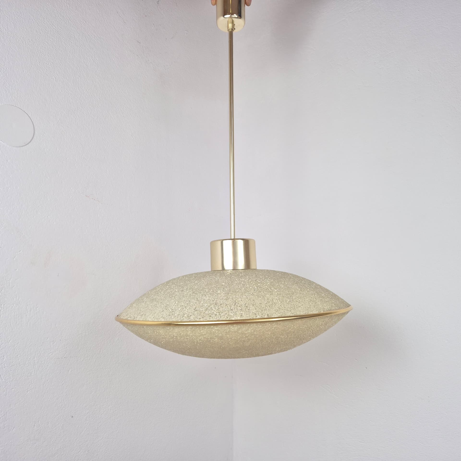 Pendant lamp UFO, white acrylic, gold metal, Germany, 1960s. - 300421