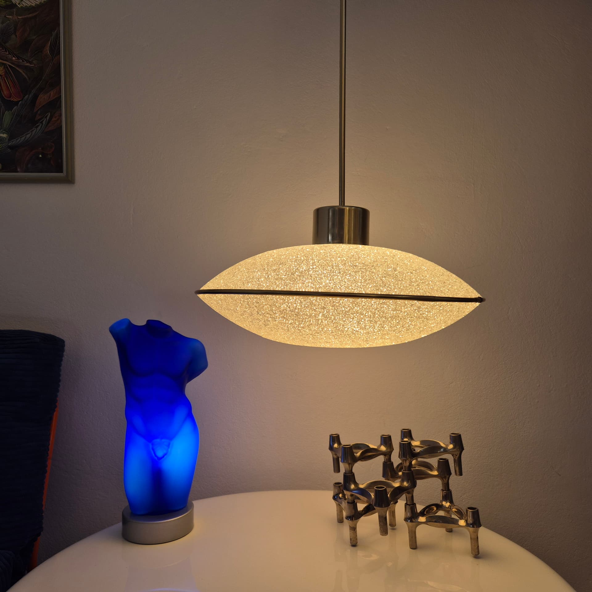 Pendant lamp UFO, white acrylic, gold metal, Germany, 1960s. - 300430