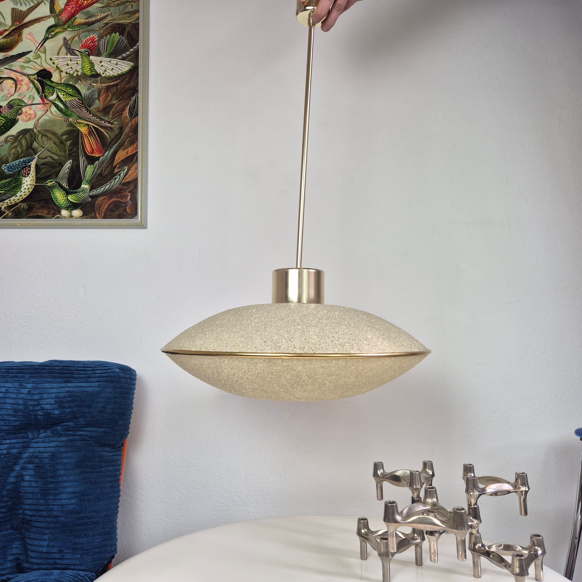 Pendant lamp UFO, white acrylic, gold metal, Germany, 1960s. - 300422