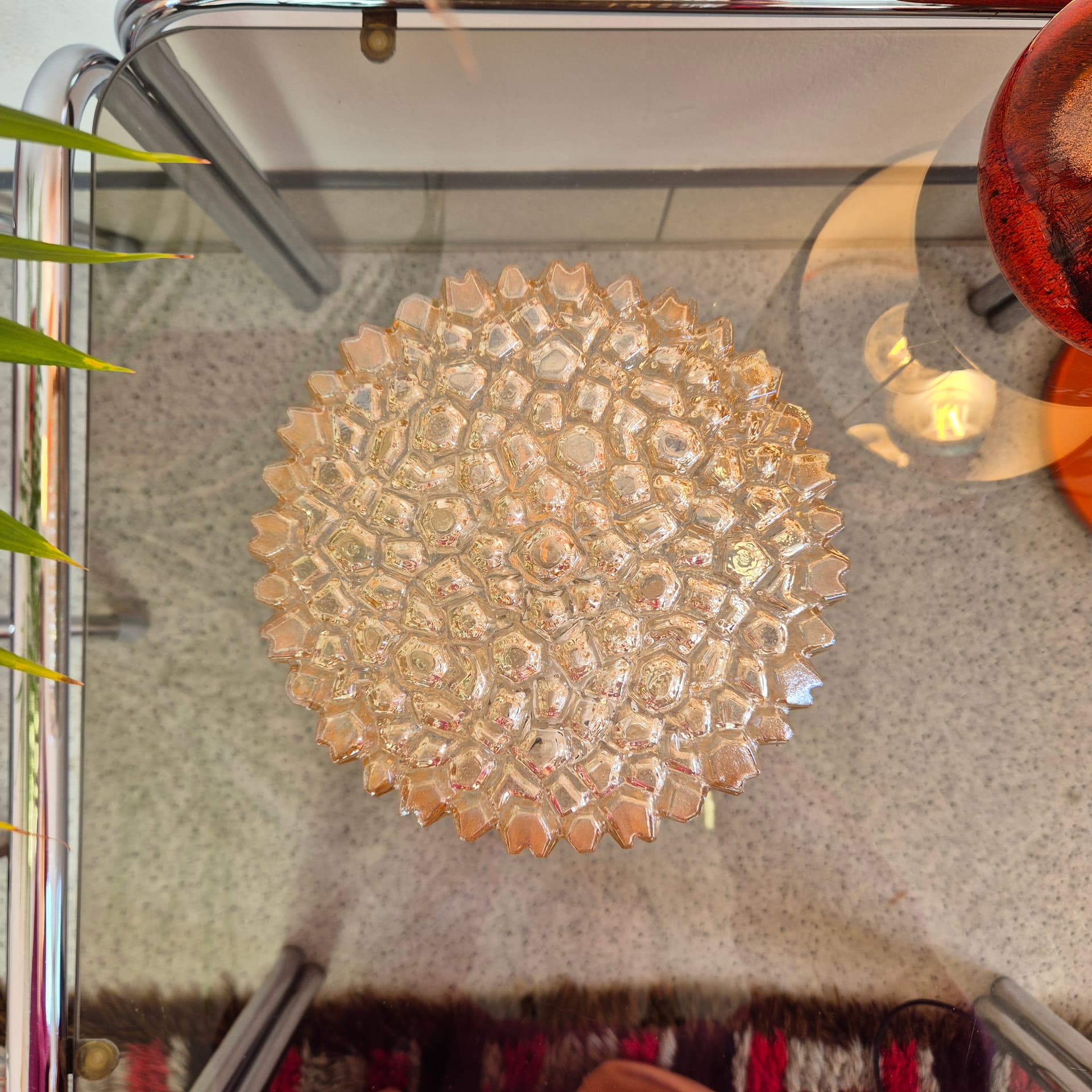 Ceiling lamp, gold glass, brown metal, Limburg, Germany, 1970s. - 300471