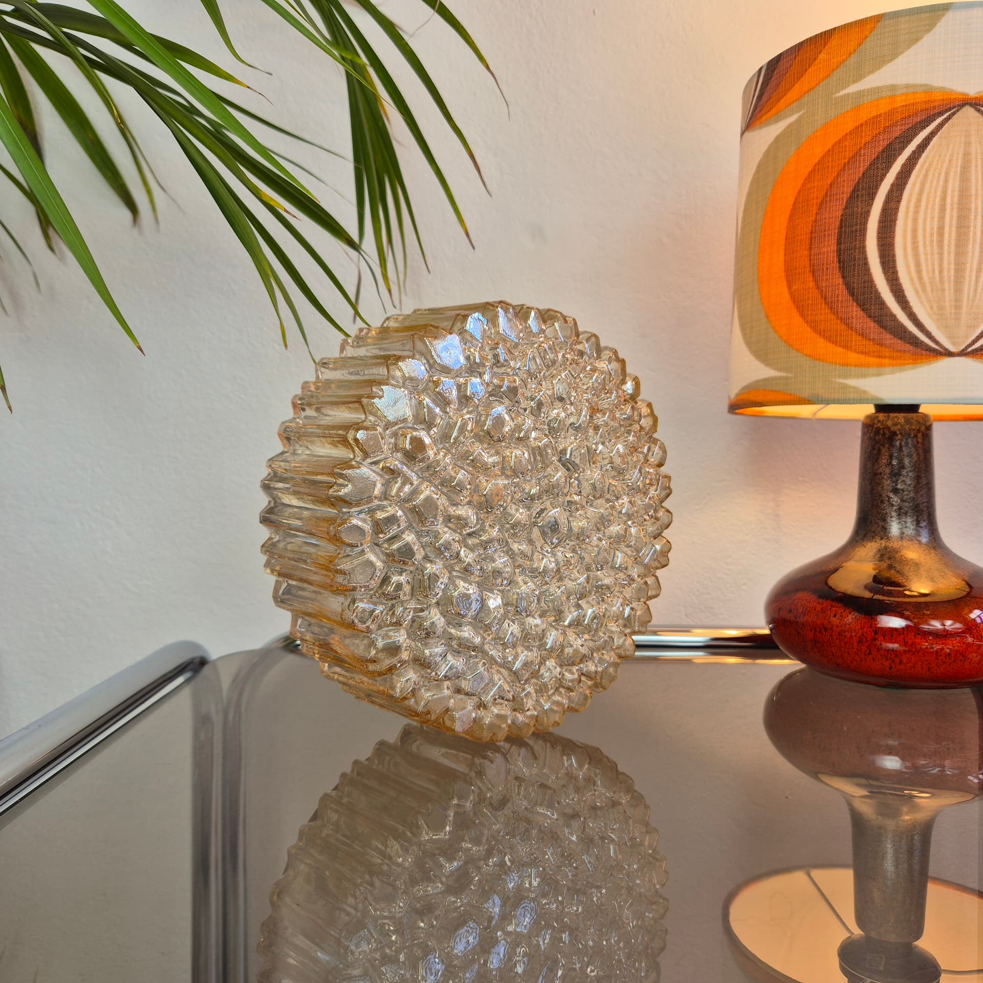 Ceiling lamp, gold glass, brown metal, Limburg, Germany, 1970s. - 300470