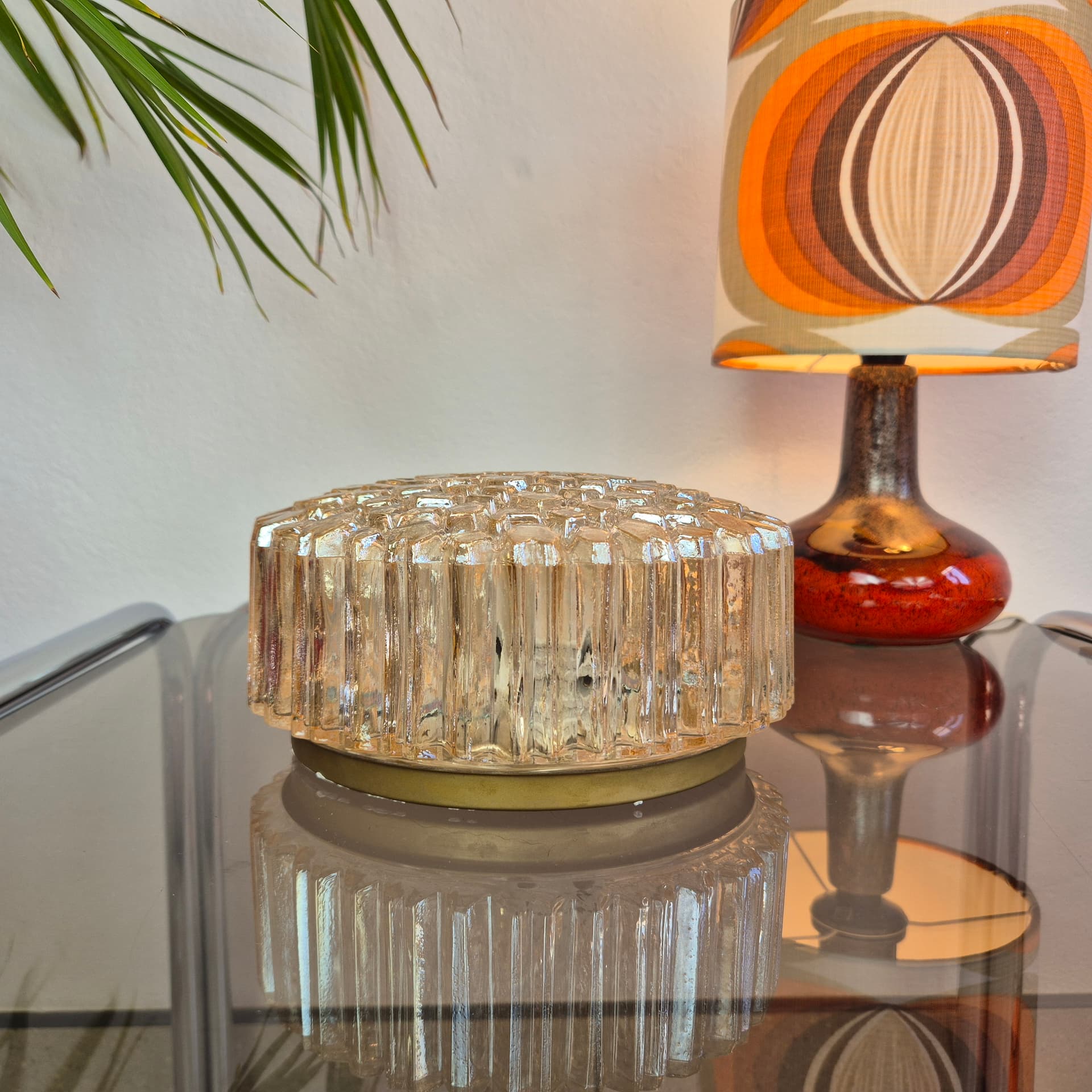 Ceiling lamp, gold glass, brown metal, Limburg, Germany, 1970s. - 300469