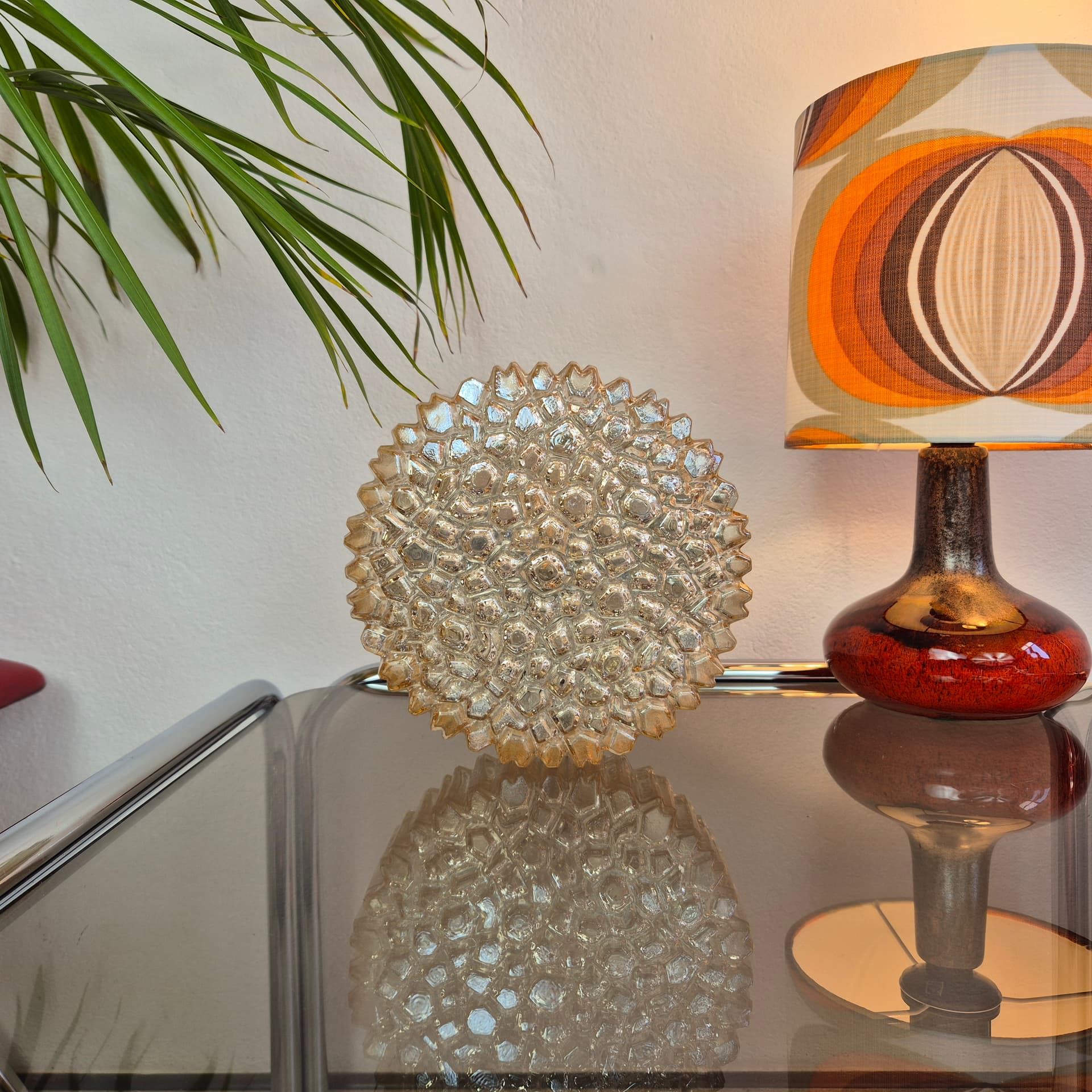 Ceiling lamp, gold glass, brown metal, Limburg, Germany, 1970s. - 300463