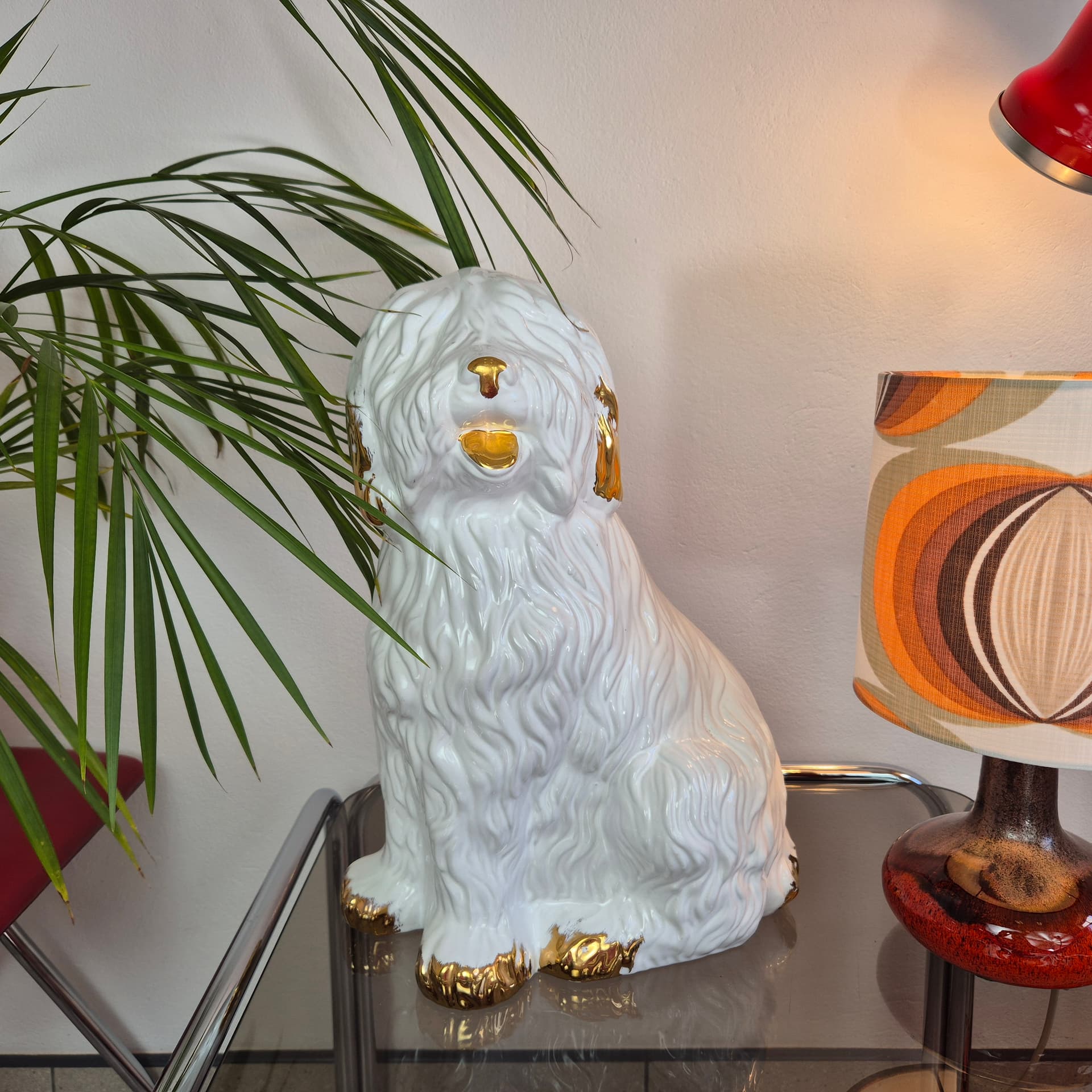 Figura psa, biel i złoto, ceramika, Włochy, lata 70. - 300487