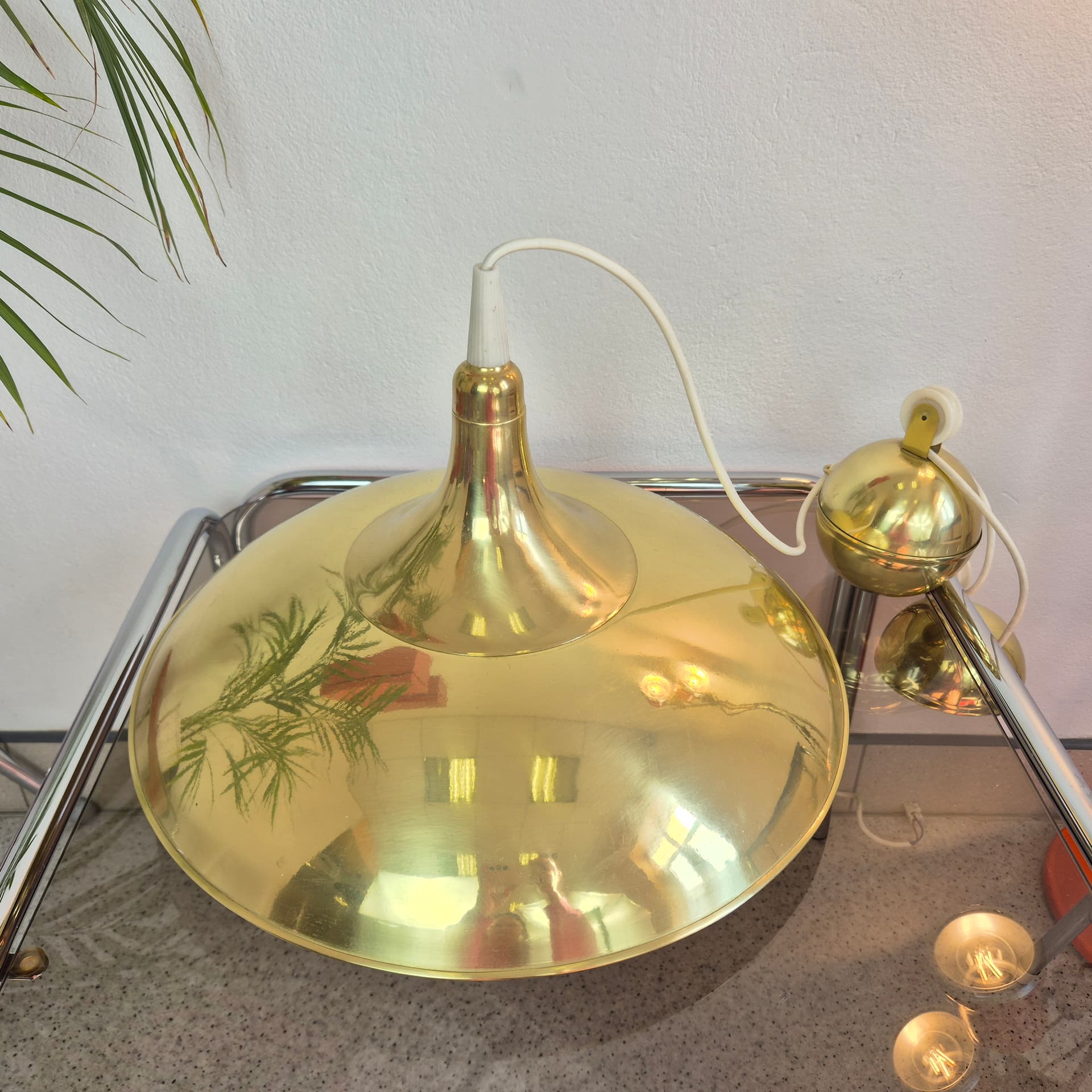 Pendant lamp, F. Shultz style, gold brass, Poland, 1970s. - 300504
