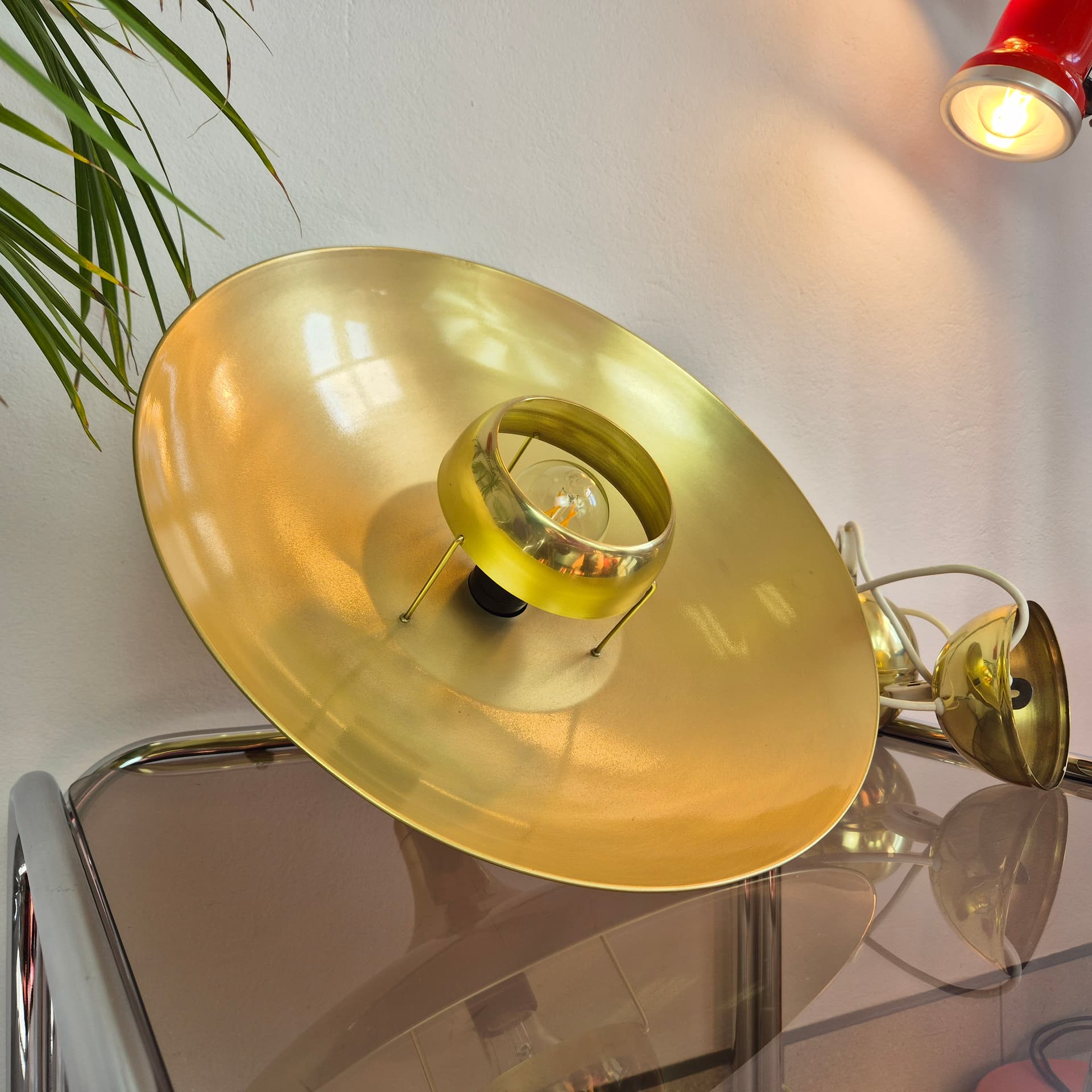 Pendant lamp, F. Shultz style, gold brass, Poland, 1970s. - 300503