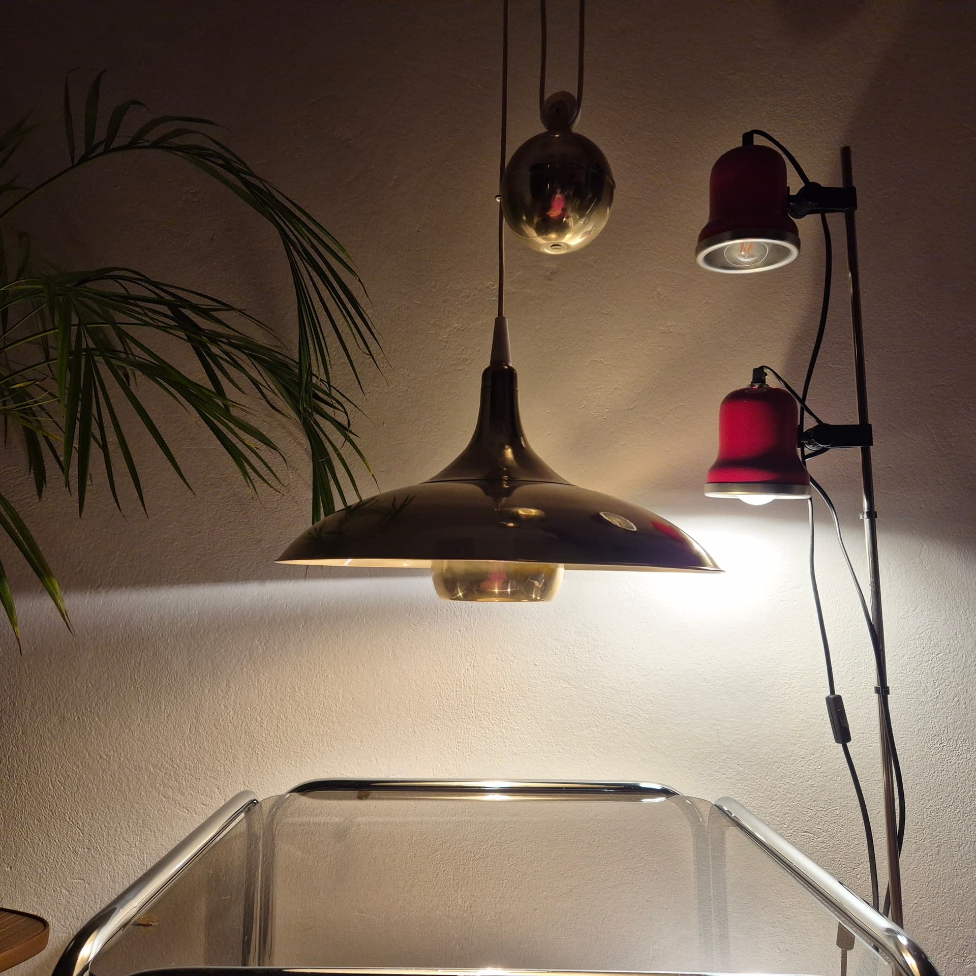 Pendant lamp, F. Shultz style, gold brass, Poland, 1970s. - 300506