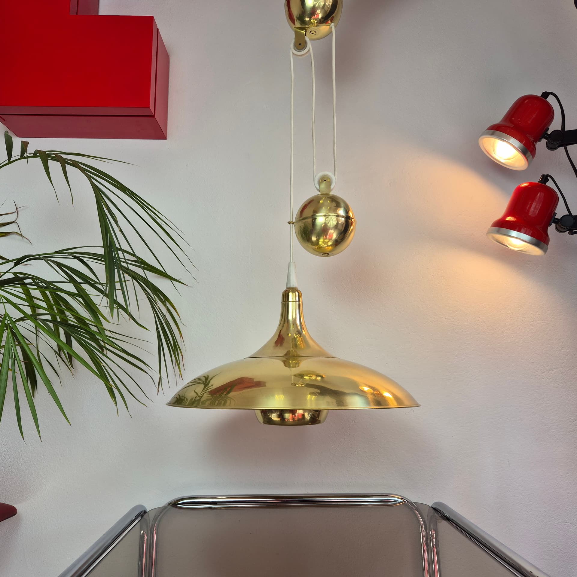 Pendant lamp, F. Shultz style, gold brass, Poland, 1970s. - 300500