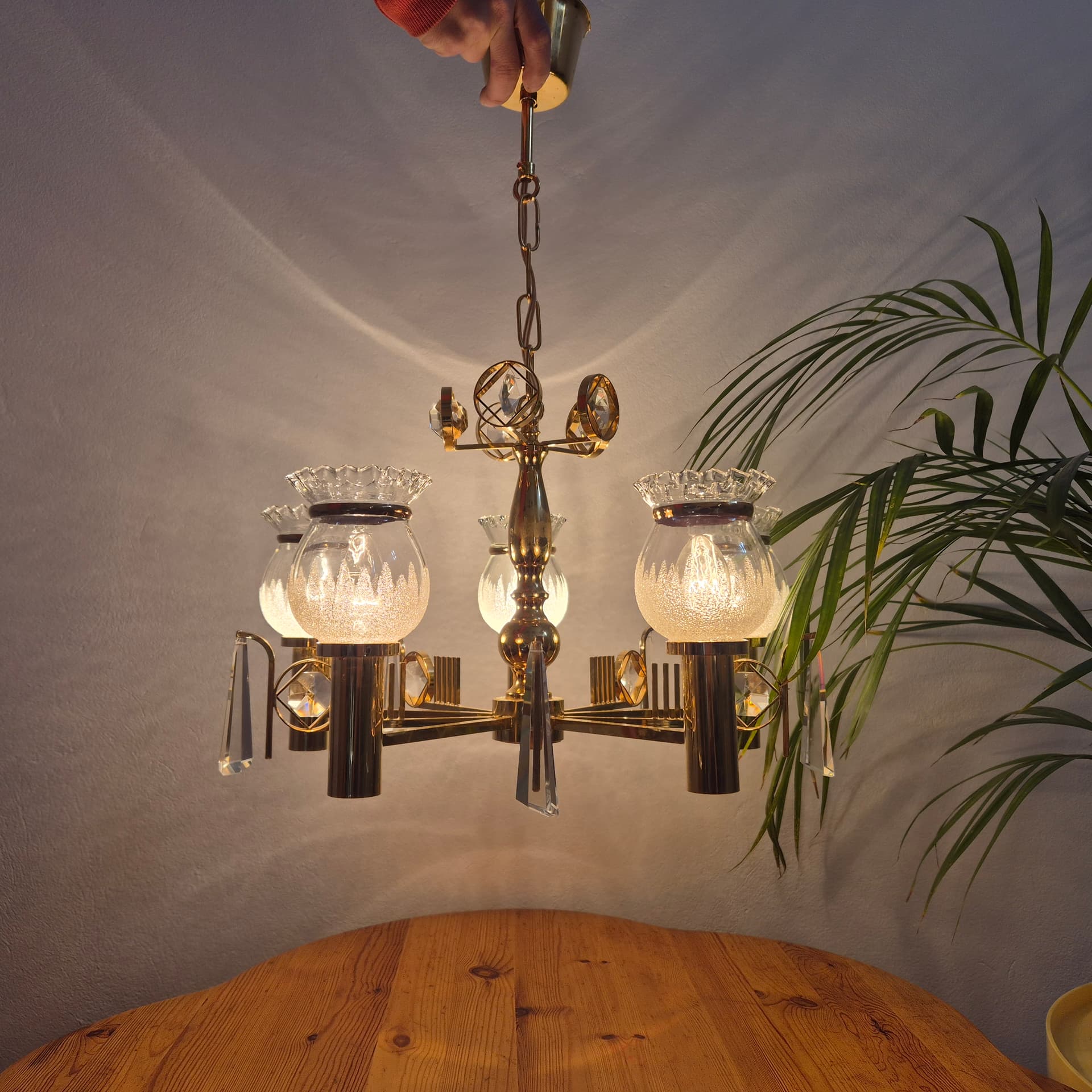 Chandelier, gold brass, transparent glass, Norway, 1970s. - 300583