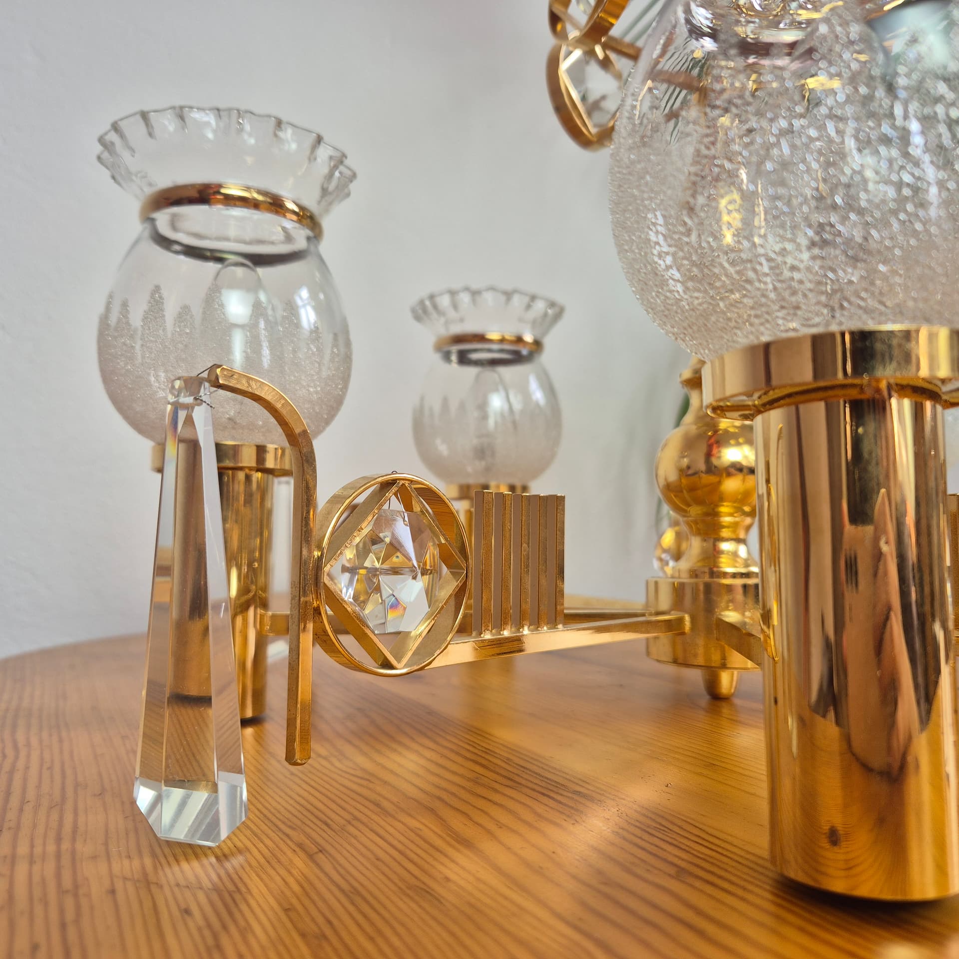 Chandelier, gold brass, transparent glass, Norway, 1970s. - 300589