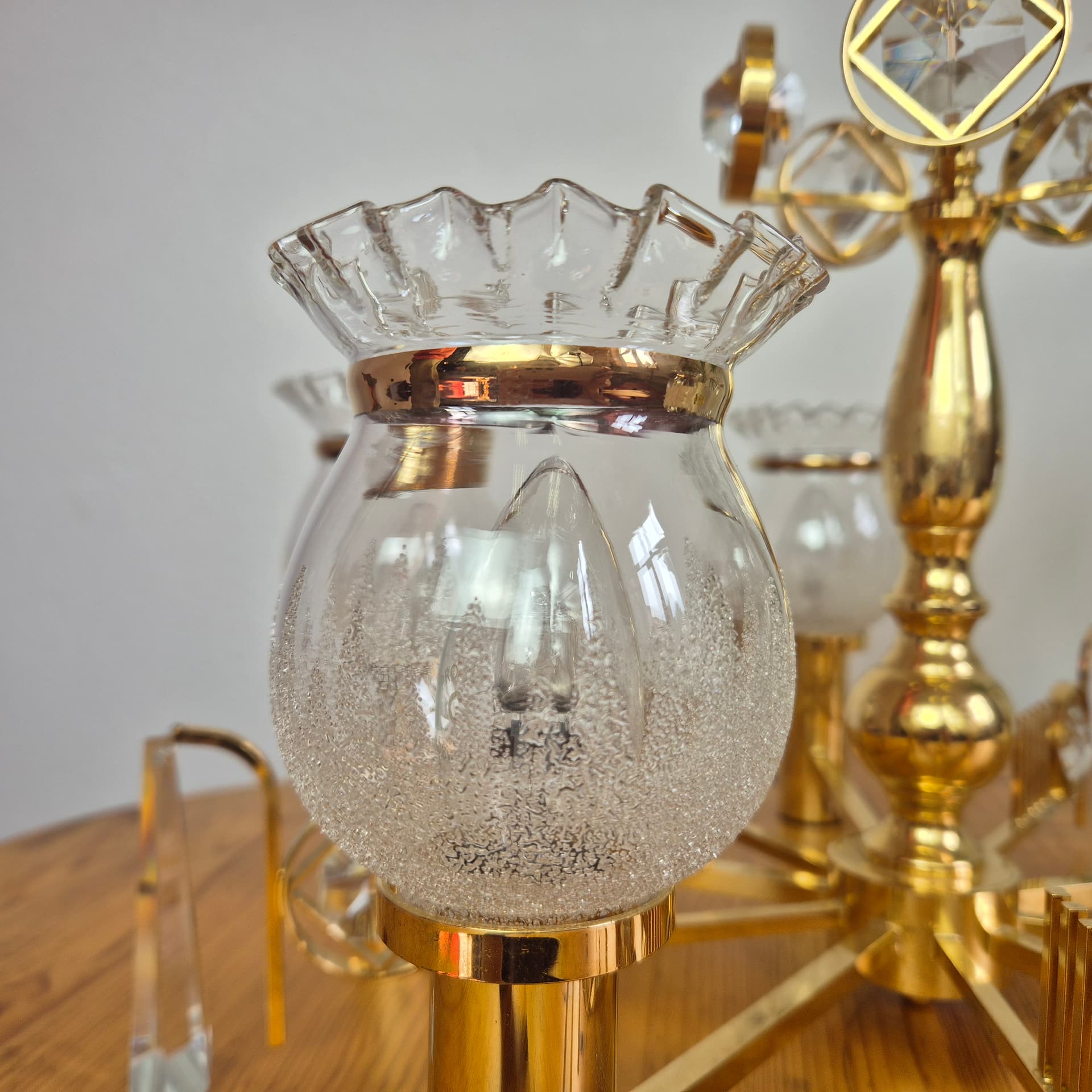 Chandelier, gold brass, transparent glass, Norway, 1970s. - 300588