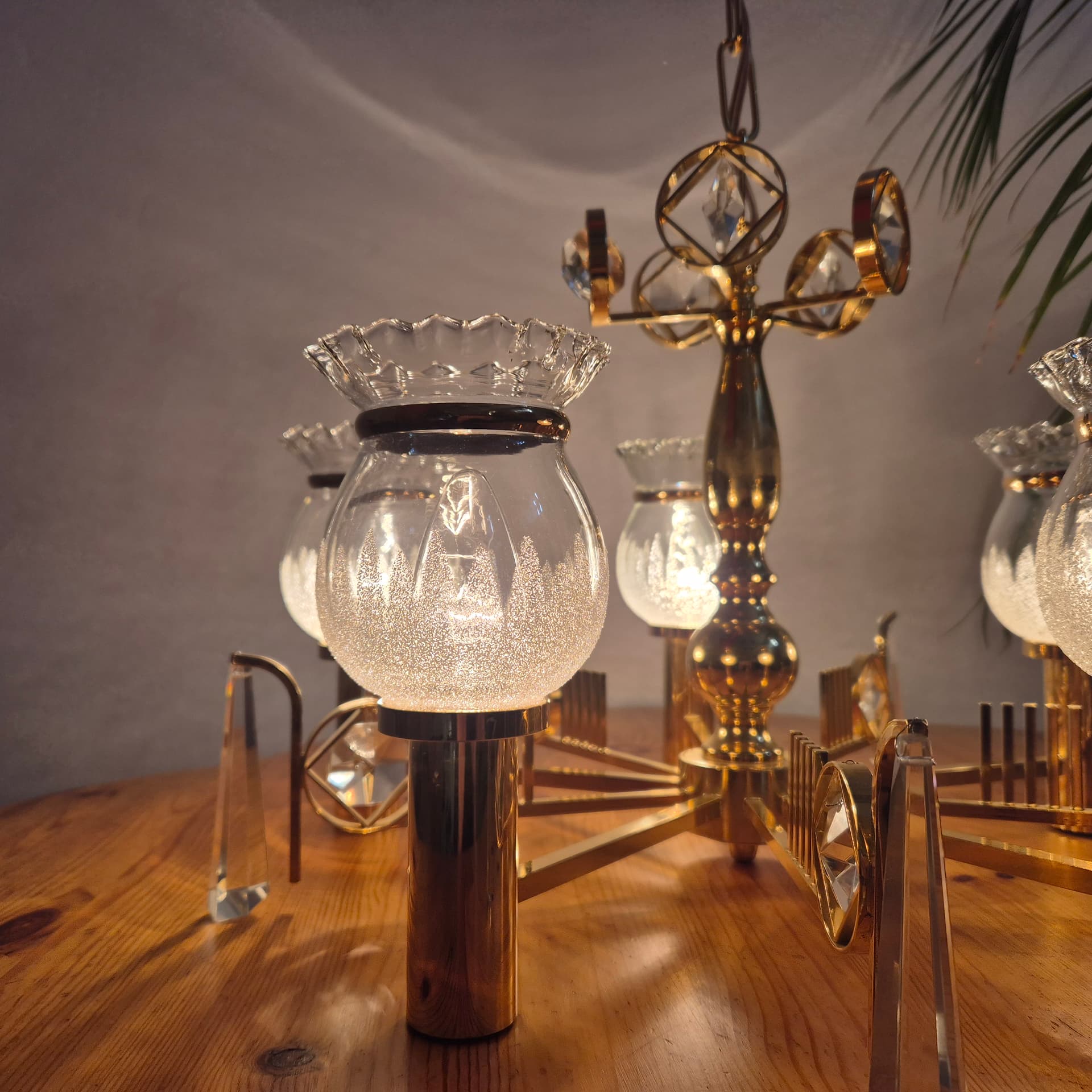 Chandelier, gold brass, transparent glass, Norway, 1970s. - 300584