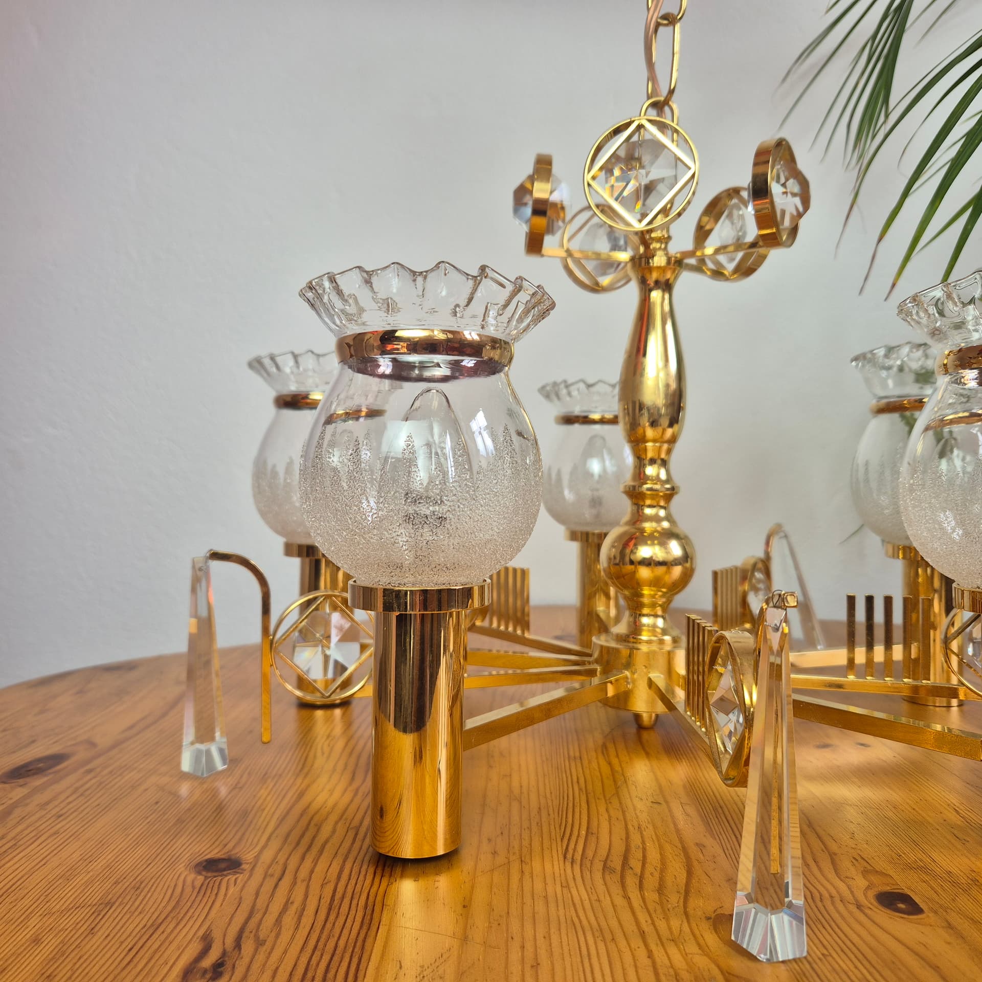 Chandelier, gold brass, transparent glass, Norway, 1970s. - 300587