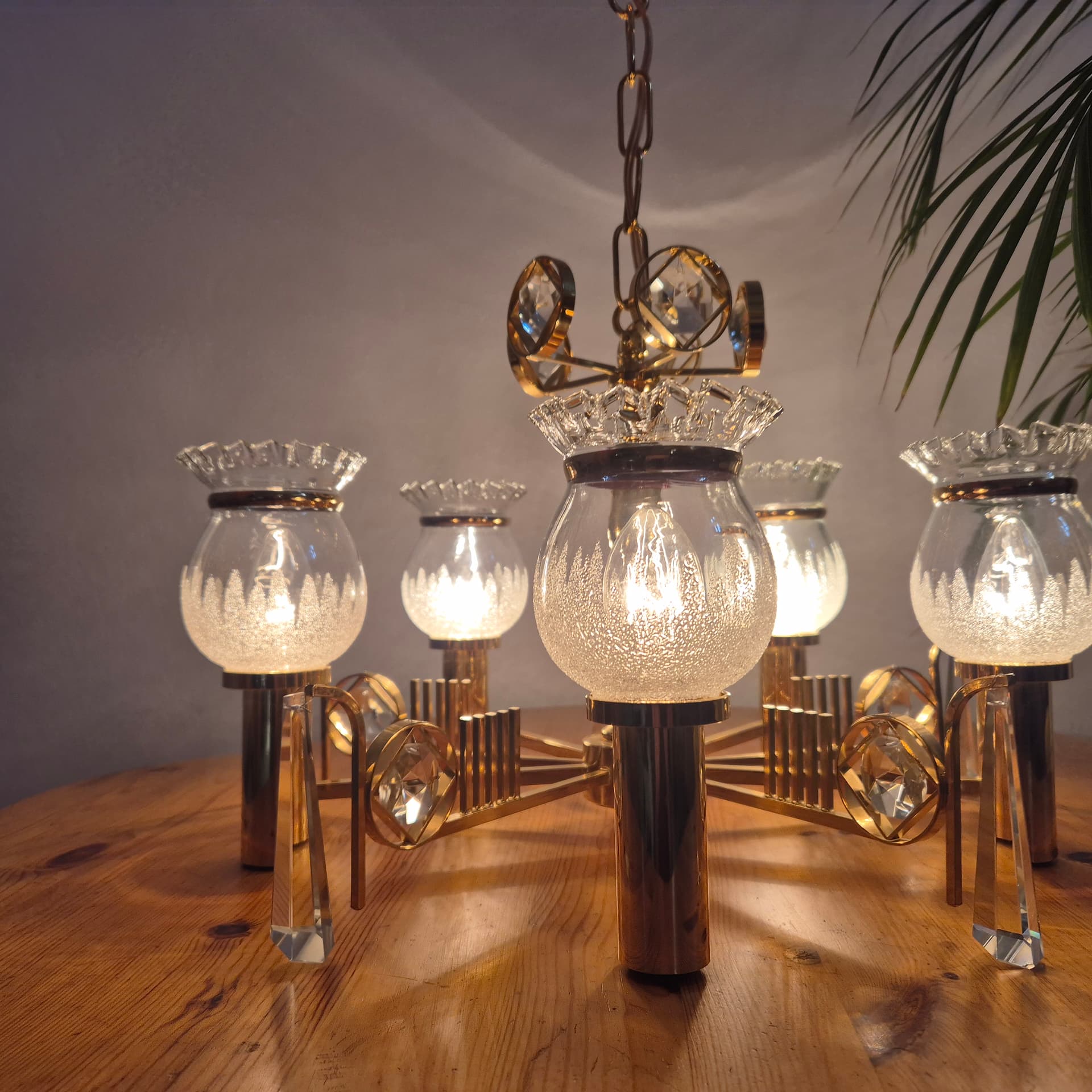 Chandelier, gold brass, transparent glass, Norway, 1970s. - 300585