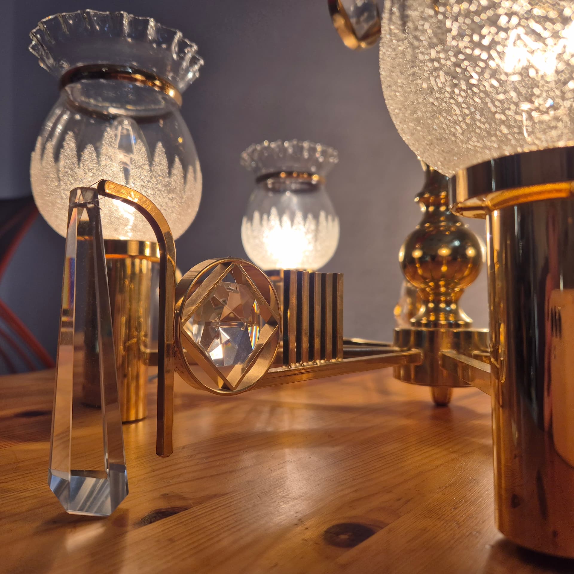 Chandelier, gold brass, transparent glass, Norway, 1970s. - 300586