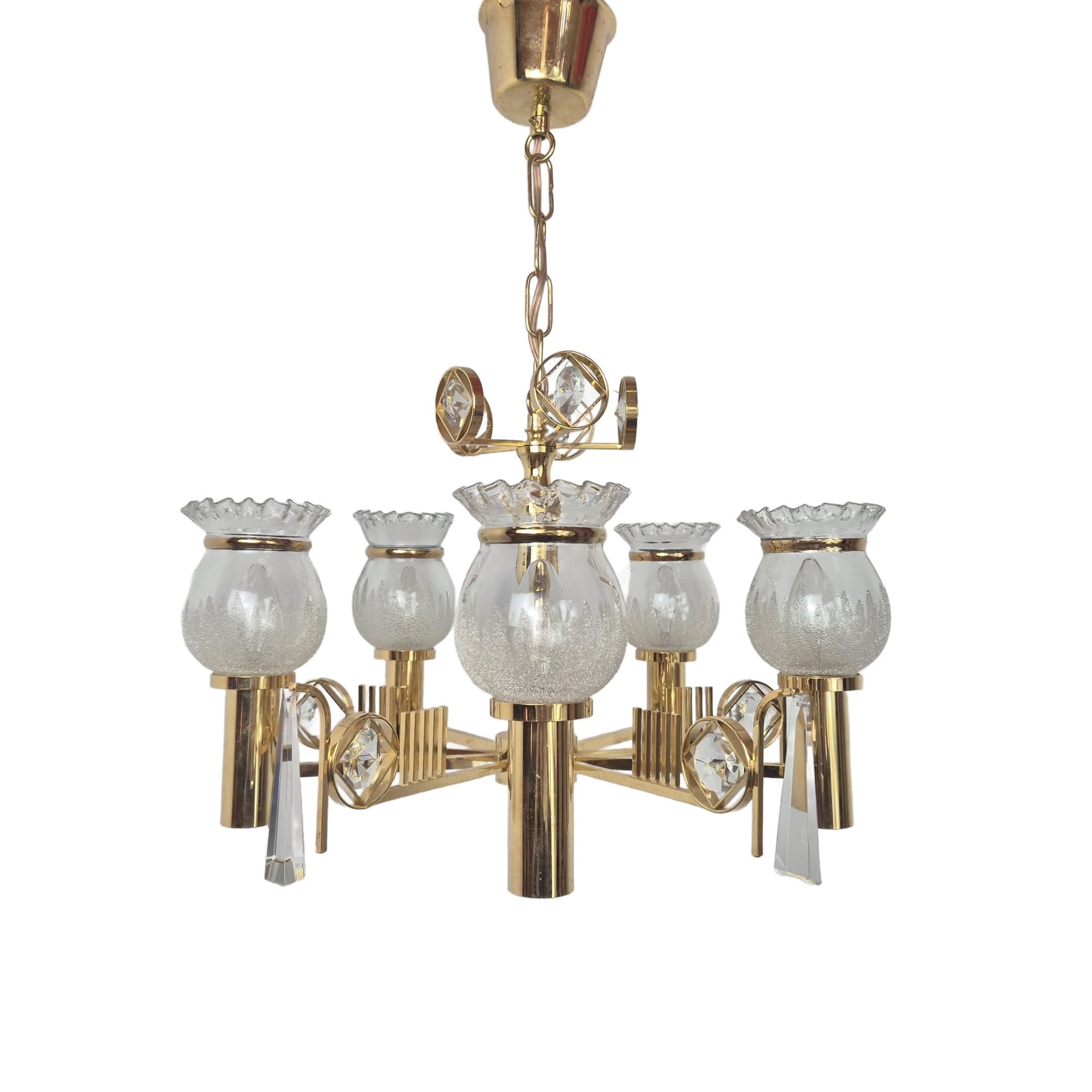 Chandelier, gold brass, transparent glass, Norway, 1970s.