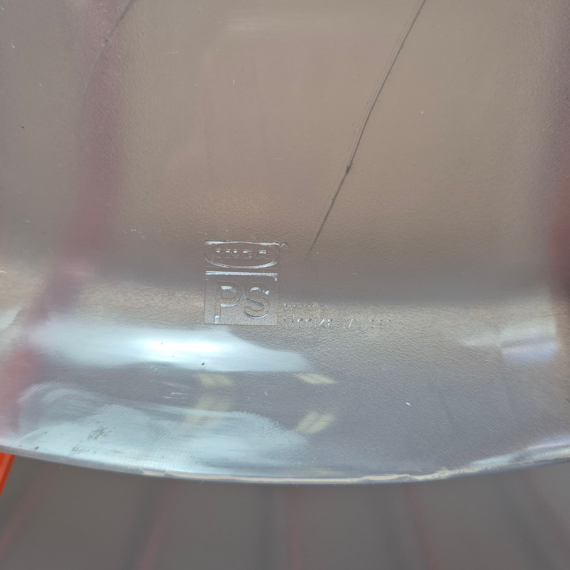 Chair Hasslo, transparent grey plastic, orange metal, by M. Mulder, Ikea, Sweden, 1990s. - 300592