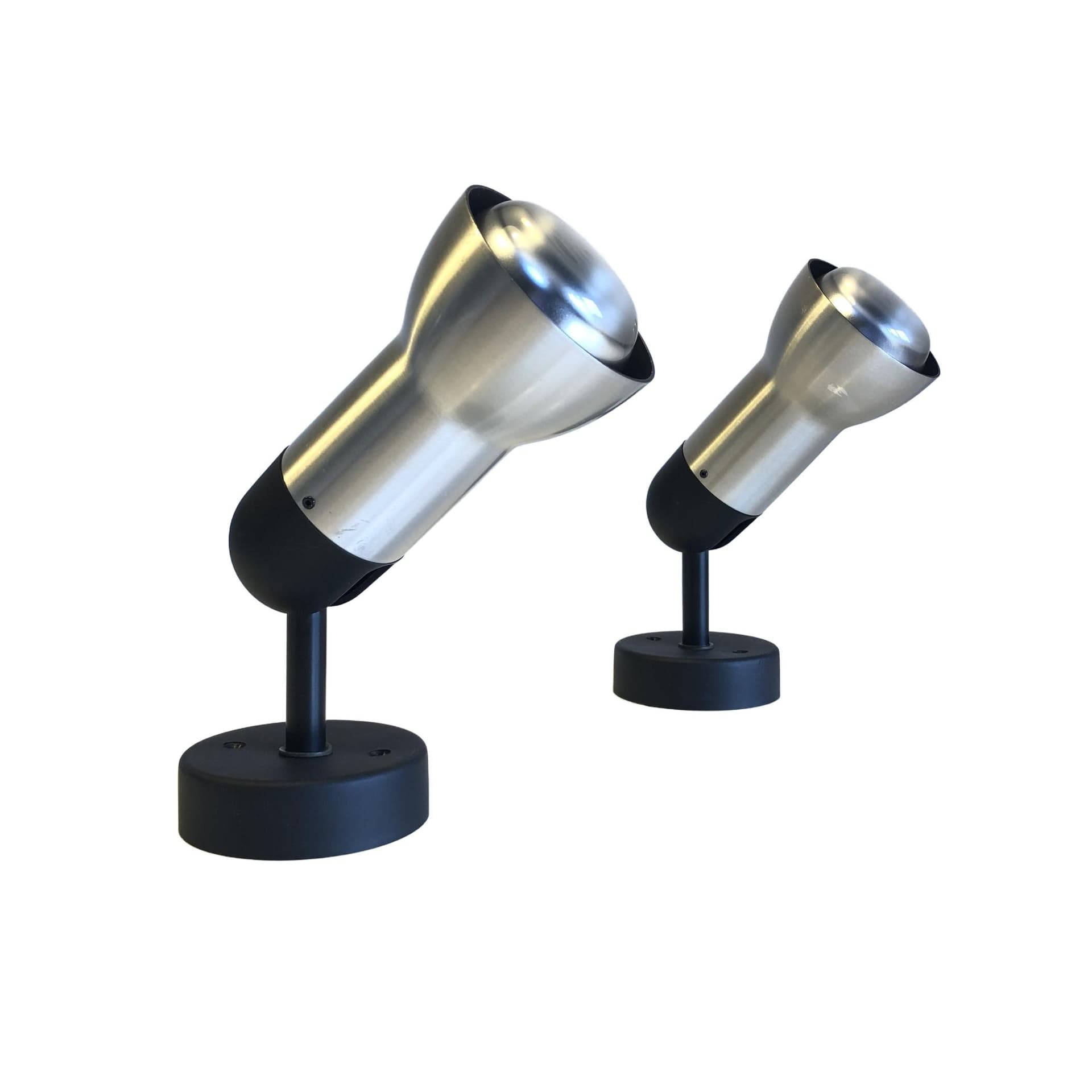 Pair of wall sconces, brushed silver aluminum, black metal, Staff Leuchten, Germany, 1970s.