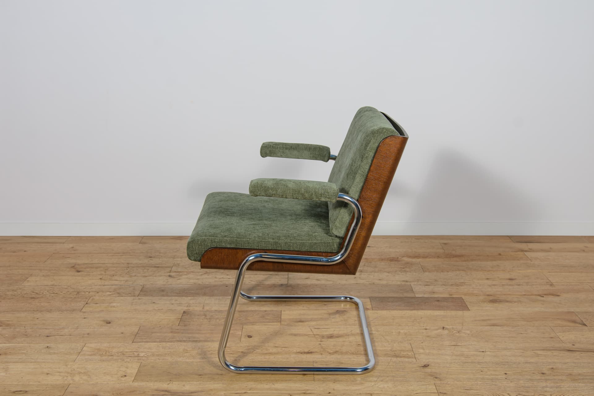 Set of Six Armchairs, olive green, synthetic fabric, teak, chrome, United Kingdom, 1970s. - 300657