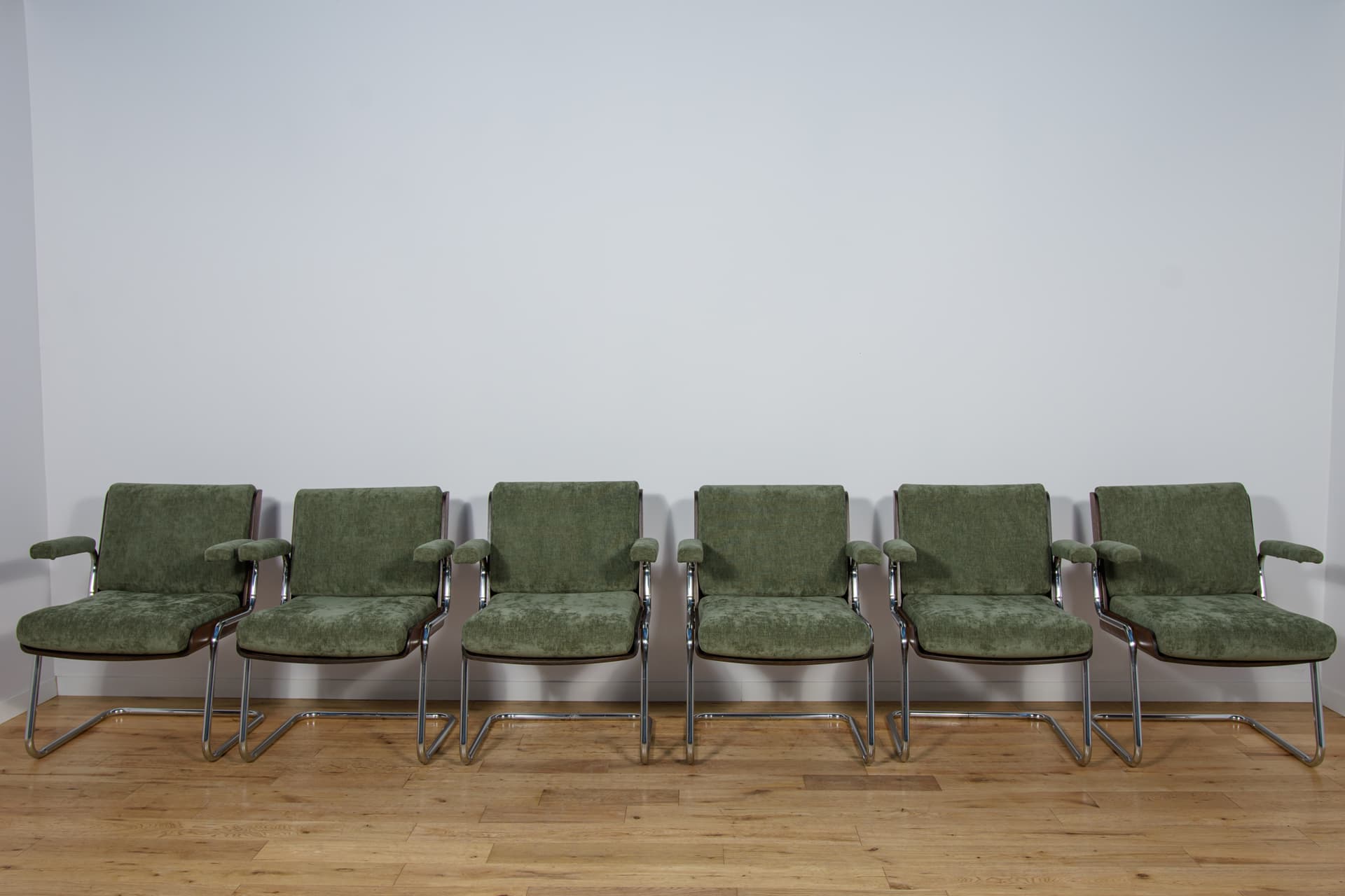 Set of Six Armchairs, olive green, synthetic fabric, teak, chrome, United Kingdom, 1970s. - 300652