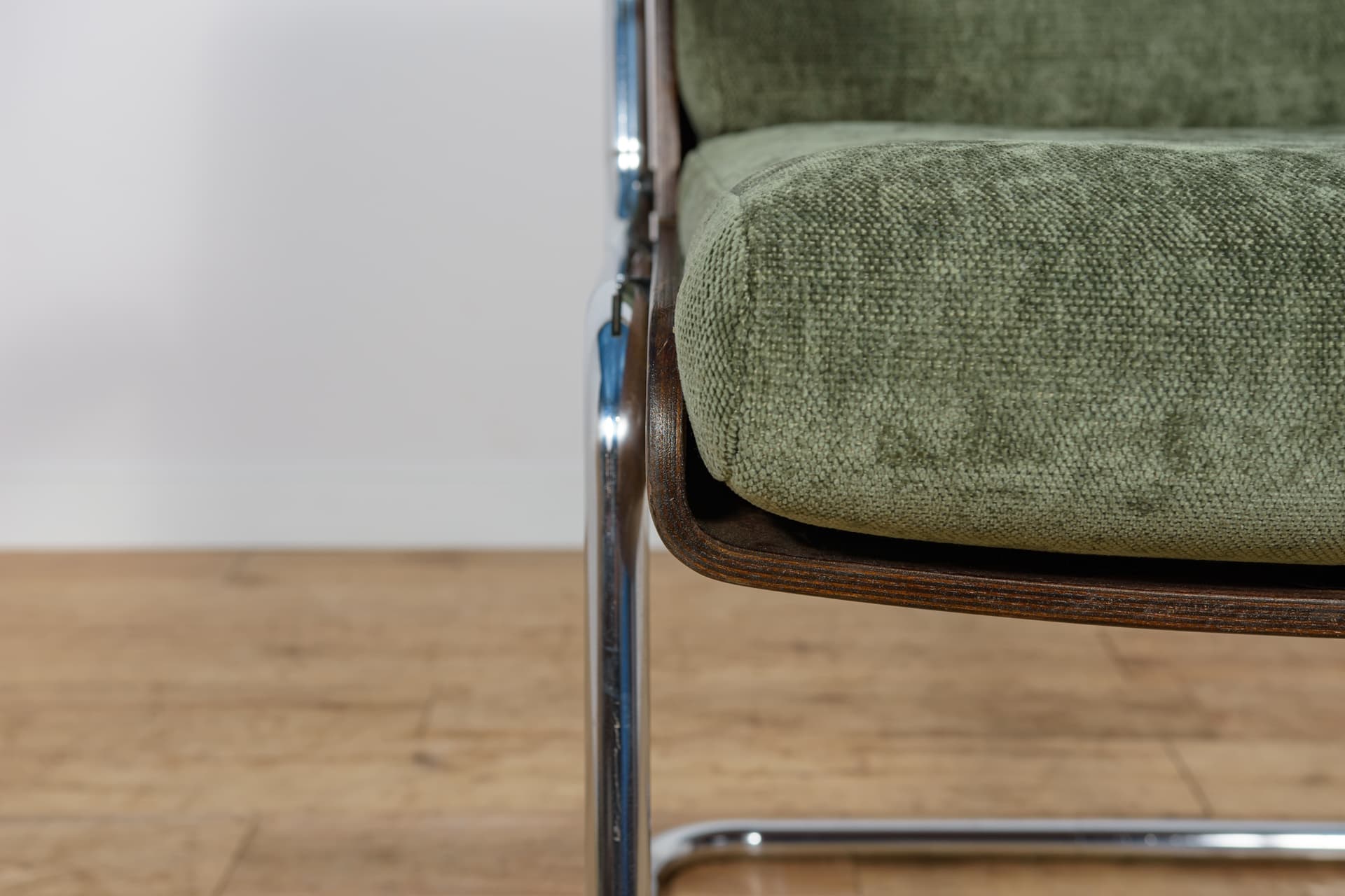 Set of Six Armchairs, olive green, synthetic fabric, teak, chrome, United Kingdom, 1970s. - 300663