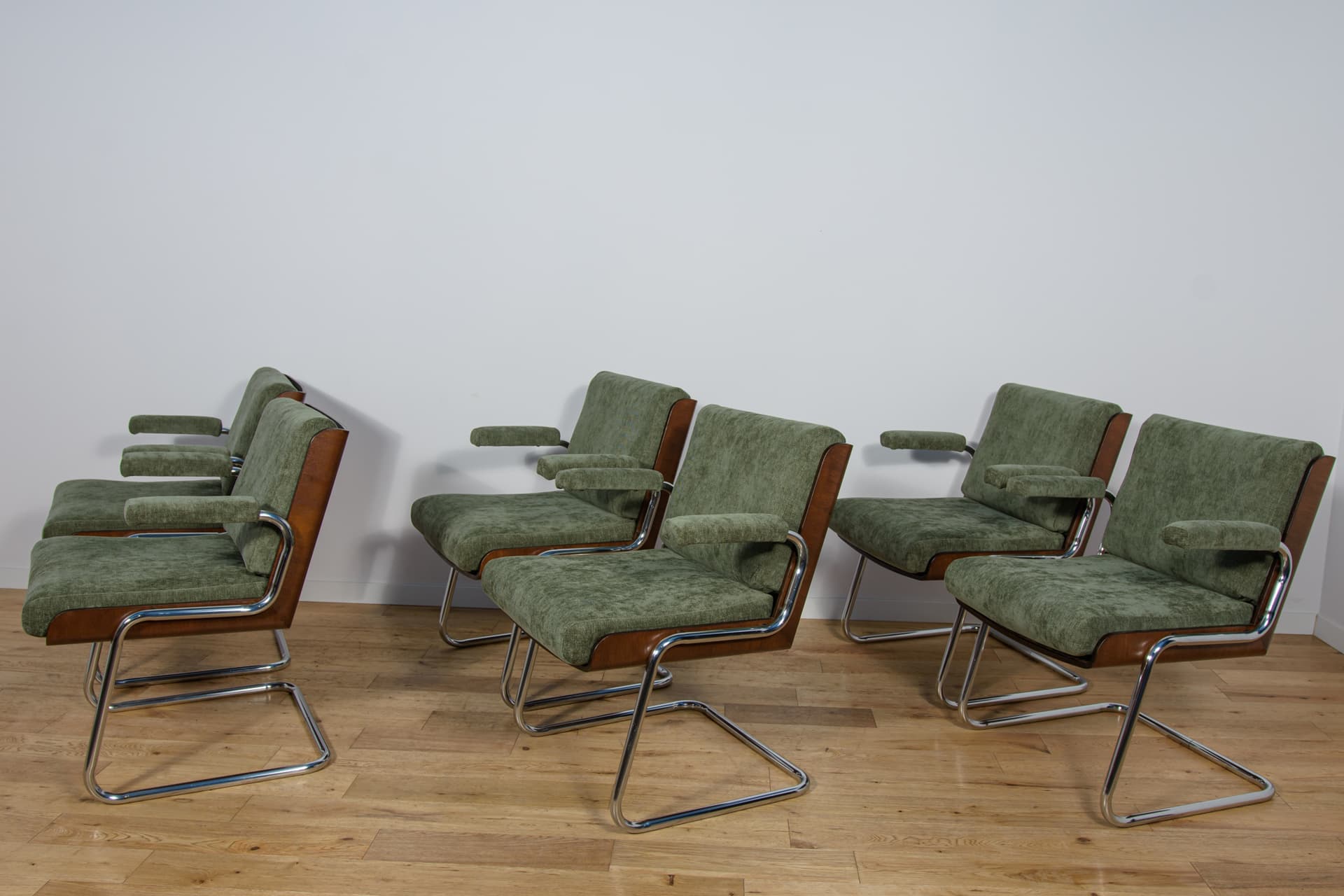 Set of Six Armchairs, olive green, synthetic fabric, teak, chrome, United Kingdom, 1970s. - 300654