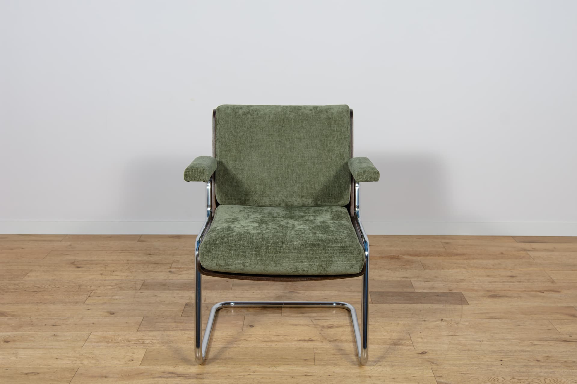Set of Six Armchairs, olive green, synthetic fabric, teak, chrome, United Kingdom, 1970s. - 300655
