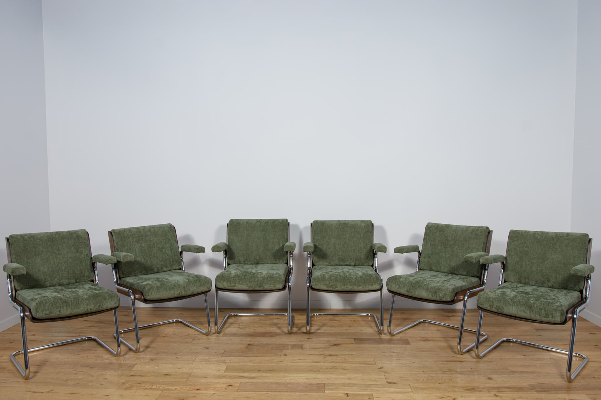 Set of Six Armchairs, olive green, synthetic fabric, teak, chrome, United Kingdom, 1970s. - 300651