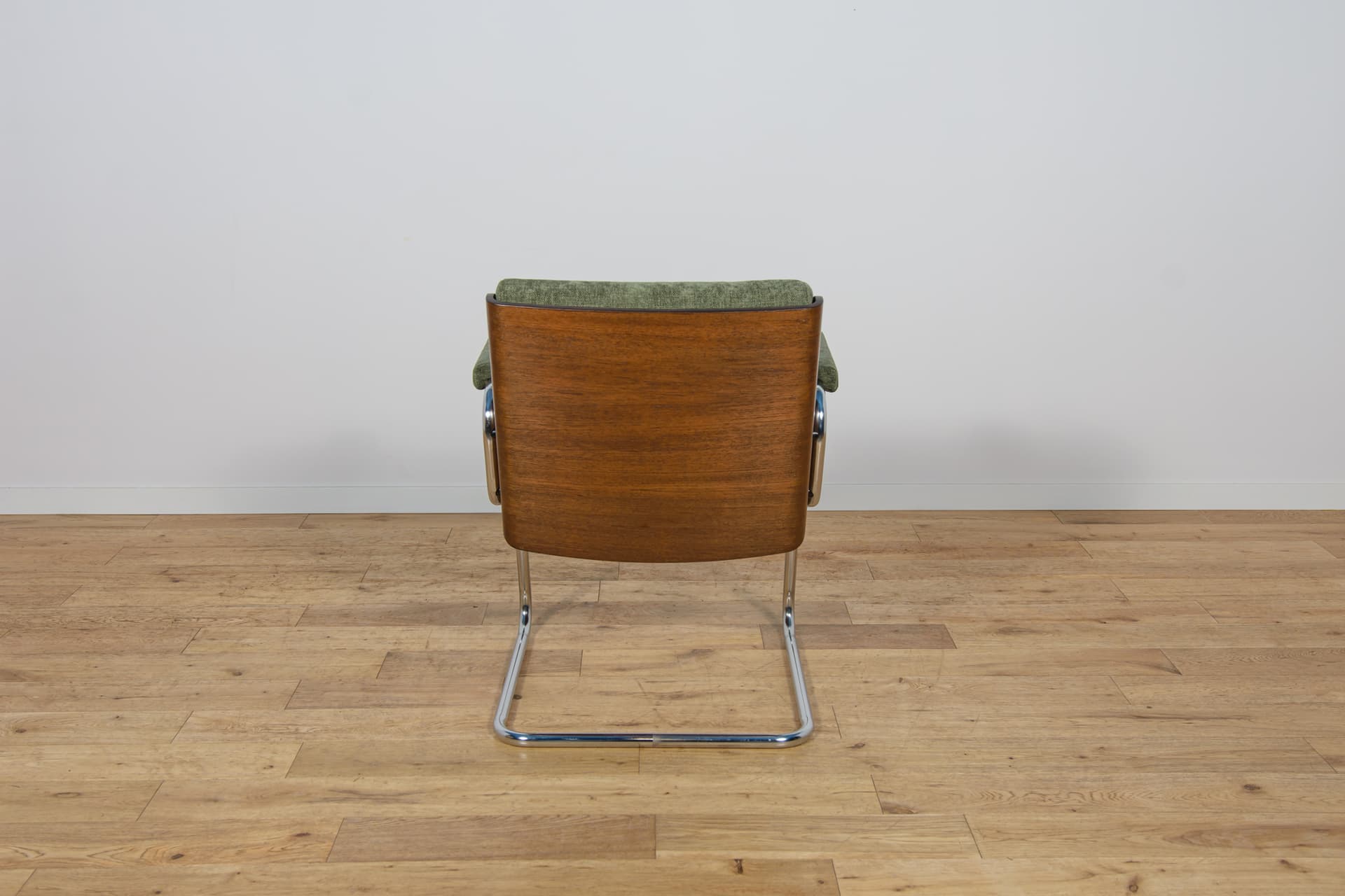 Set of Six Armchairs, olive green, synthetic fabric, teak, chrome, United Kingdom, 1970s. - 300659