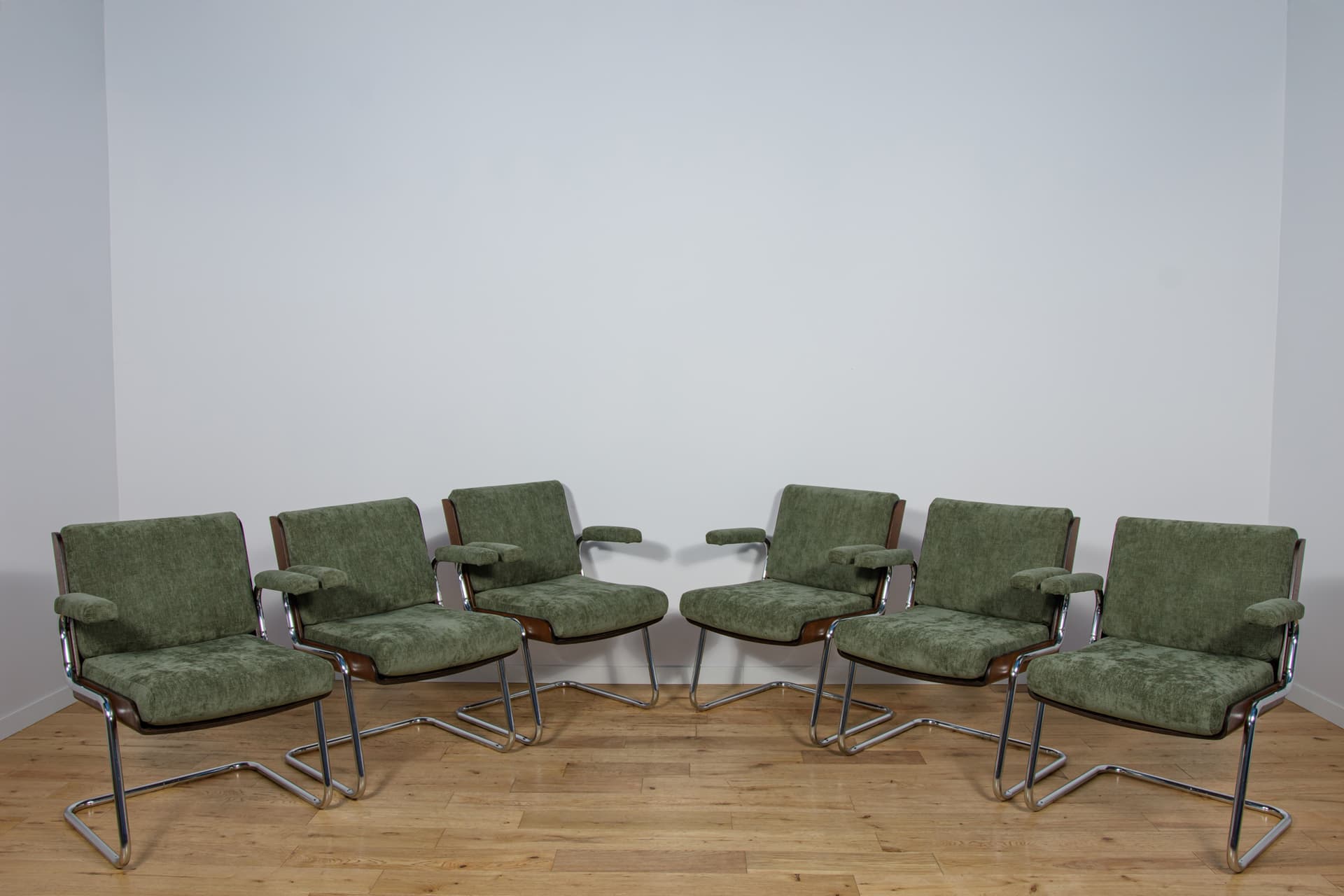 Set of Six Armchairs, olive green, synthetic fabric, teak, chrome, United Kingdom, 1970s. - 300653