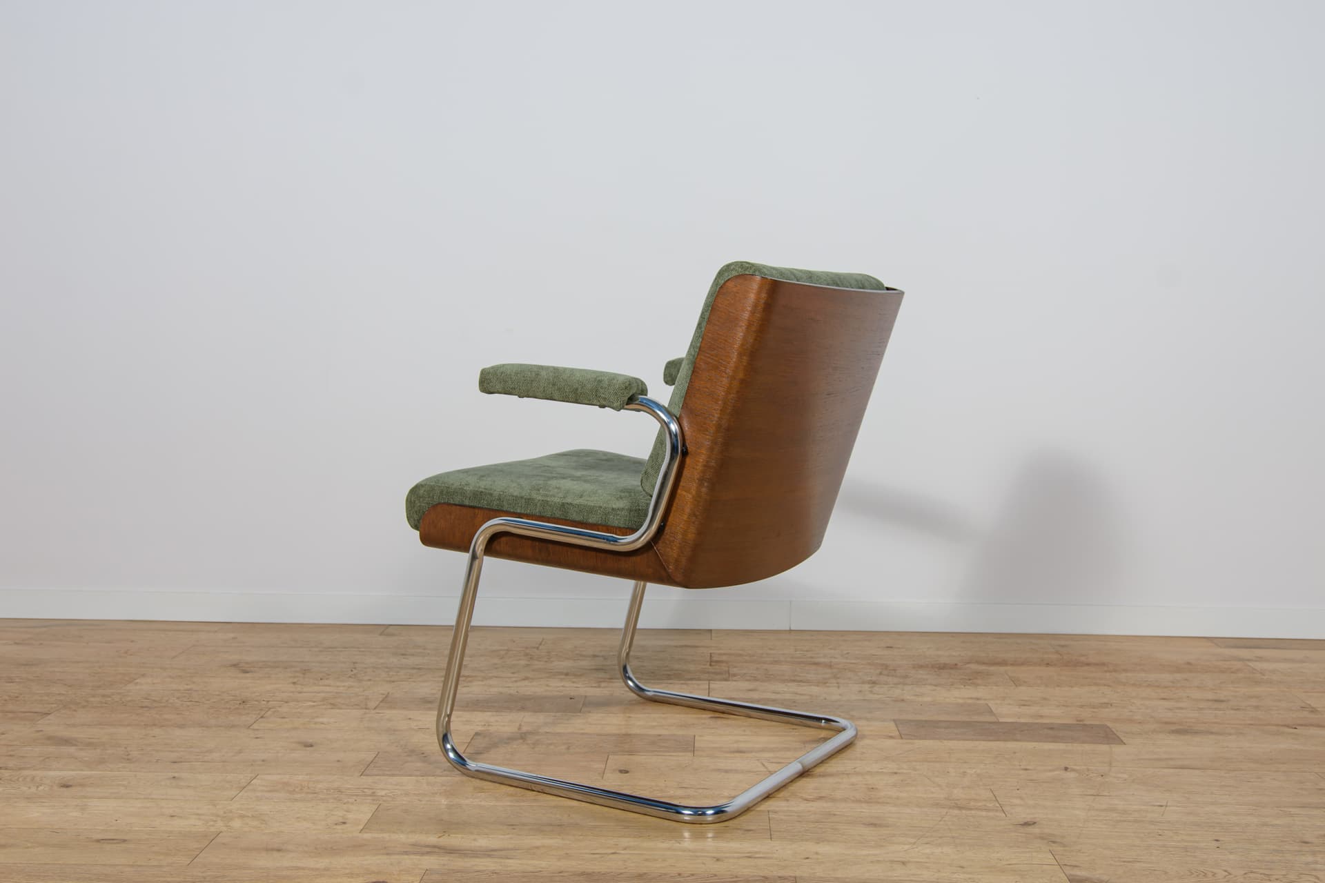 Set of Six Armchairs, olive green, synthetic fabric, teak, chrome, United Kingdom, 1970s. - 300658