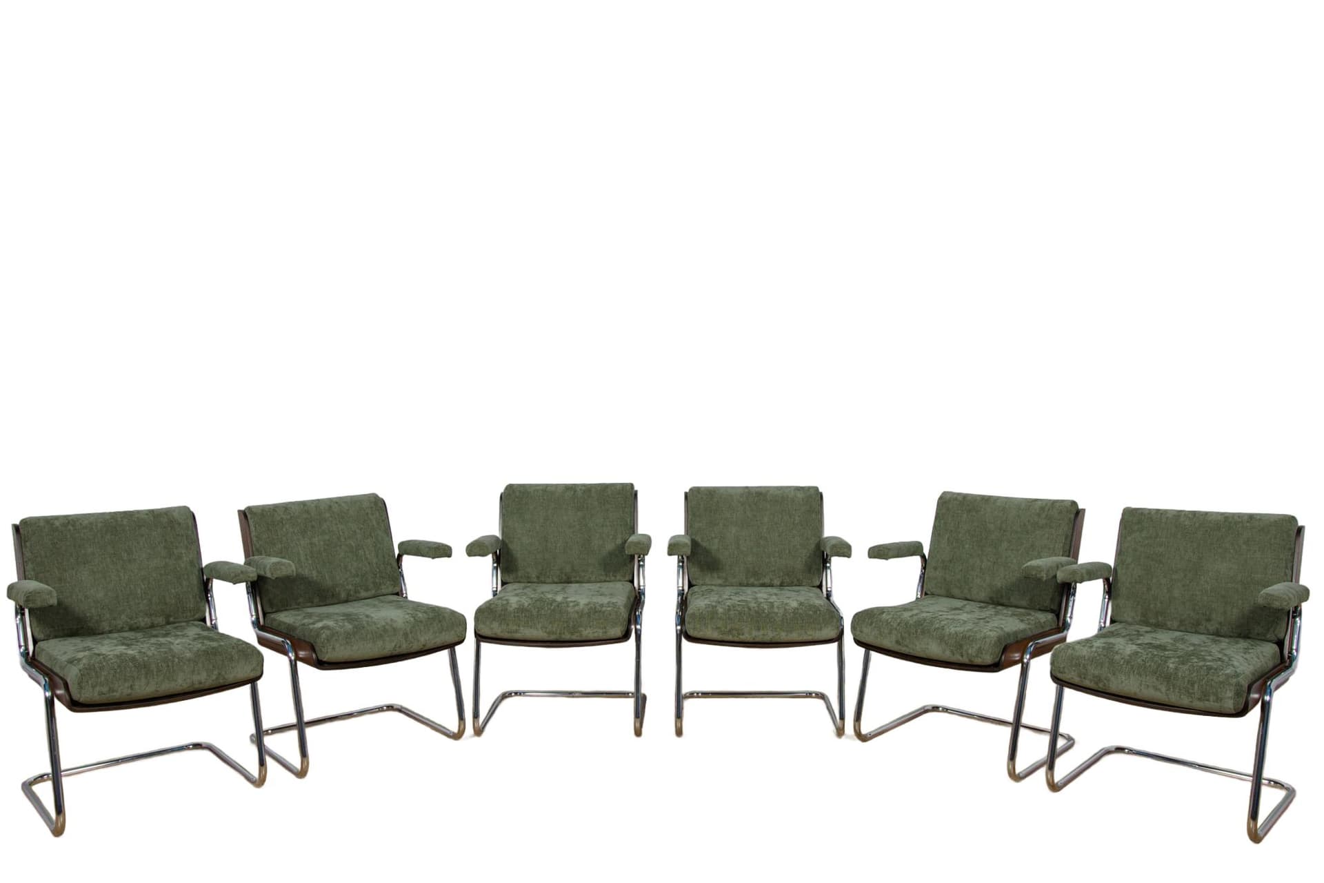 Set of Six Armchairs, olive green, synthetic fabric, teak, chrome, United Kingdom, 1970s.