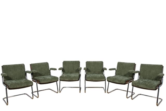 Set of Six Armchairs, olive green, synthetic fabric, teak, chrome, United Kingdom, 1970s. - DIMENSION