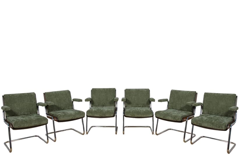 Set of Six Armchairs, olive green, synthetic fabric, teak, chrome, United Kingdom, 1970s.