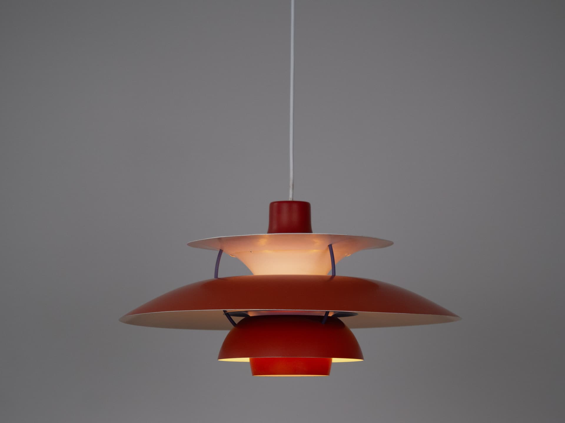 Pendant lamp PH 5, red aluminum, by P. Henningsen, Louis Poulsen, Denmark, 1980s. - 301163