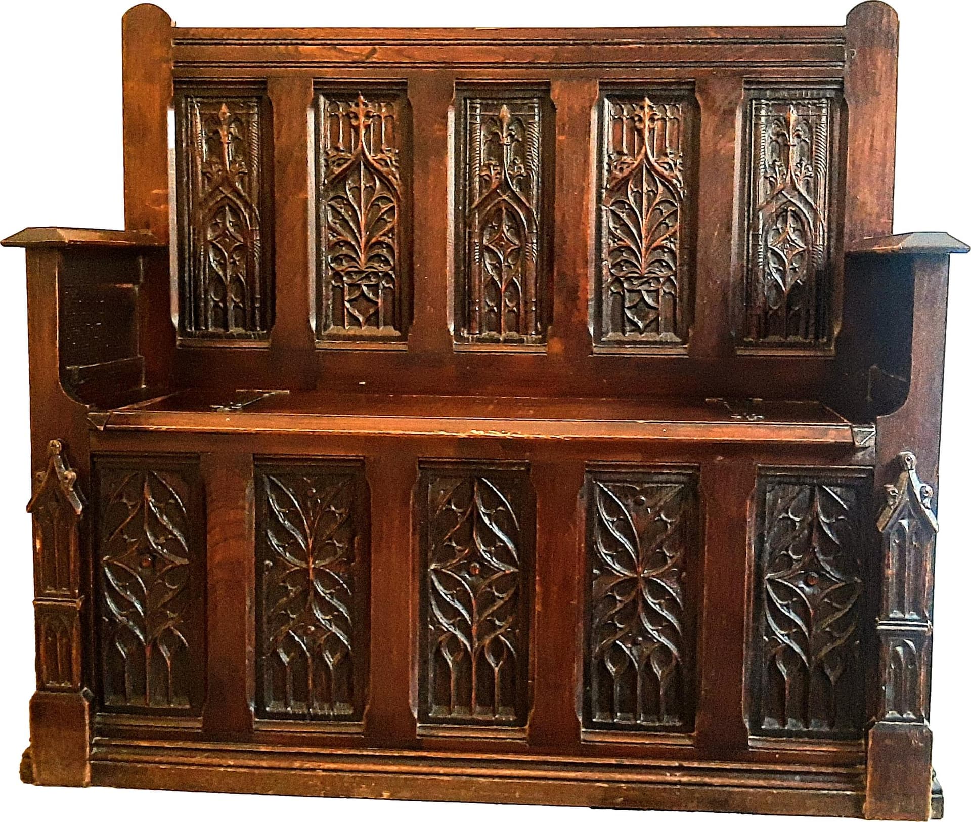 Ława skrzyniowa neogotycka, dąb brązowy ciemny, Francja, XIX w. - 79208