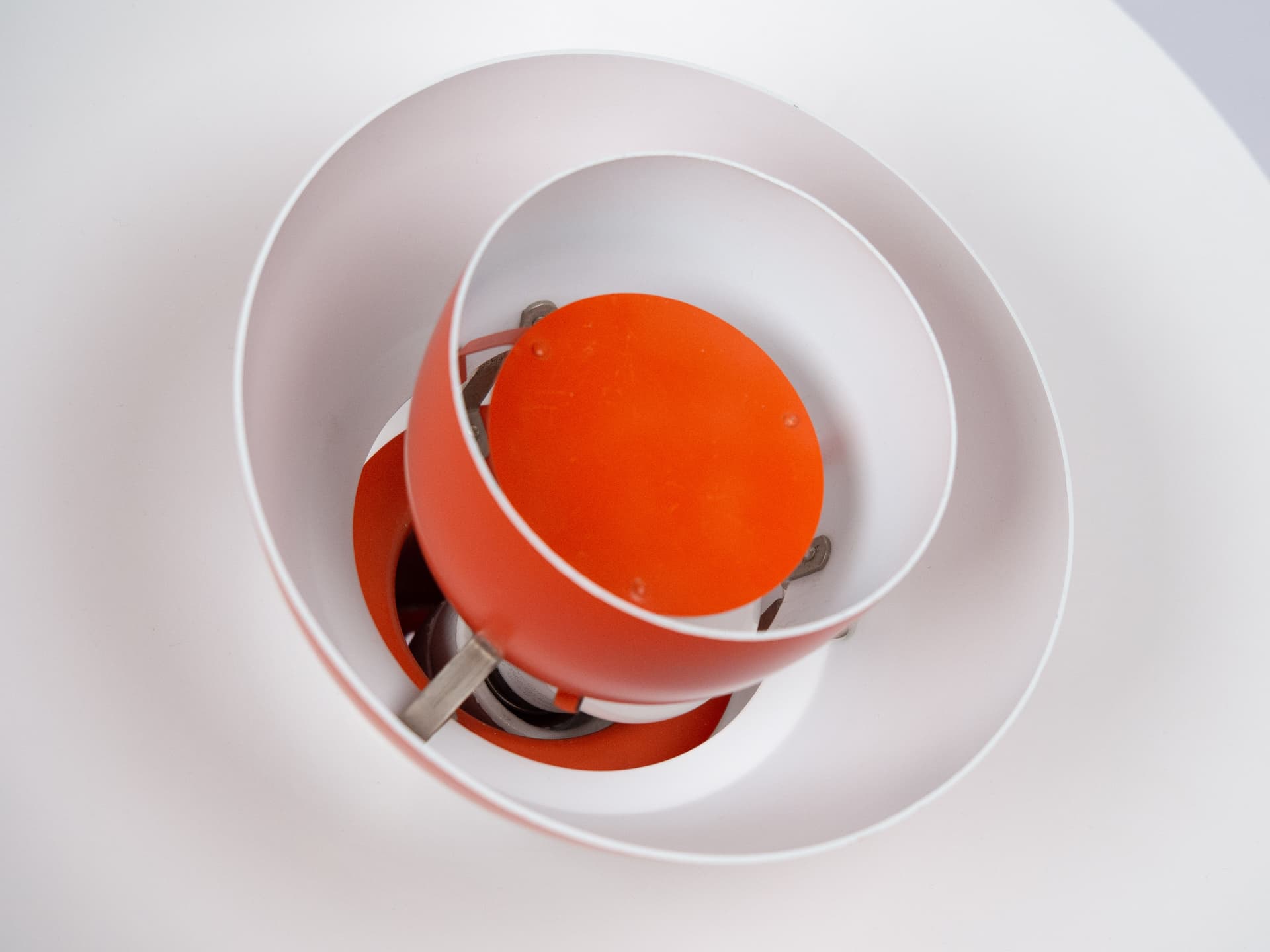 Pendant lamp PH 4/3, red orange, aluminum, by P. Henningsen, Louis Poulsen, Denmark, 1980s. - 301560